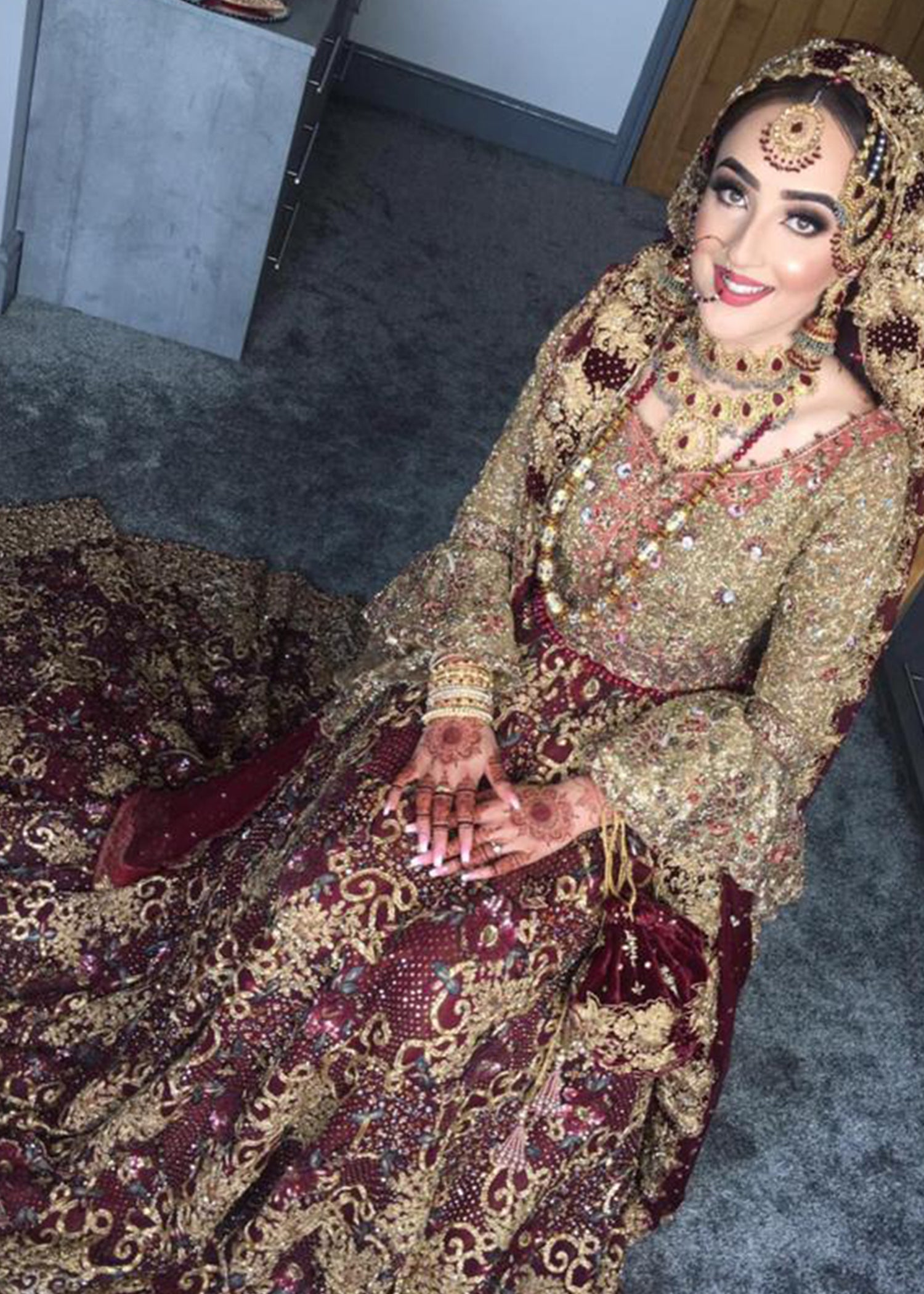 Deep Maroon Gold Zardozi Velvet Bridal Lehenga (3-Piece) - Image 1