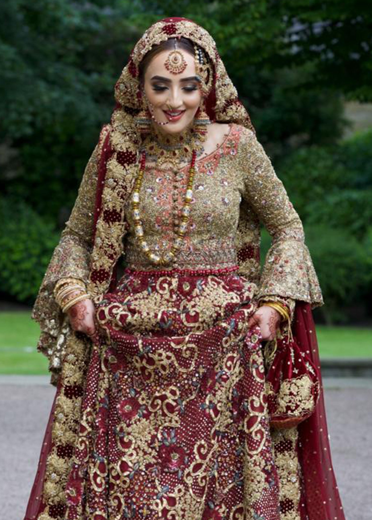 Deep Maroon Gold Zardozi Velvet Bridal Lehenga (3-Piece) - Image 2