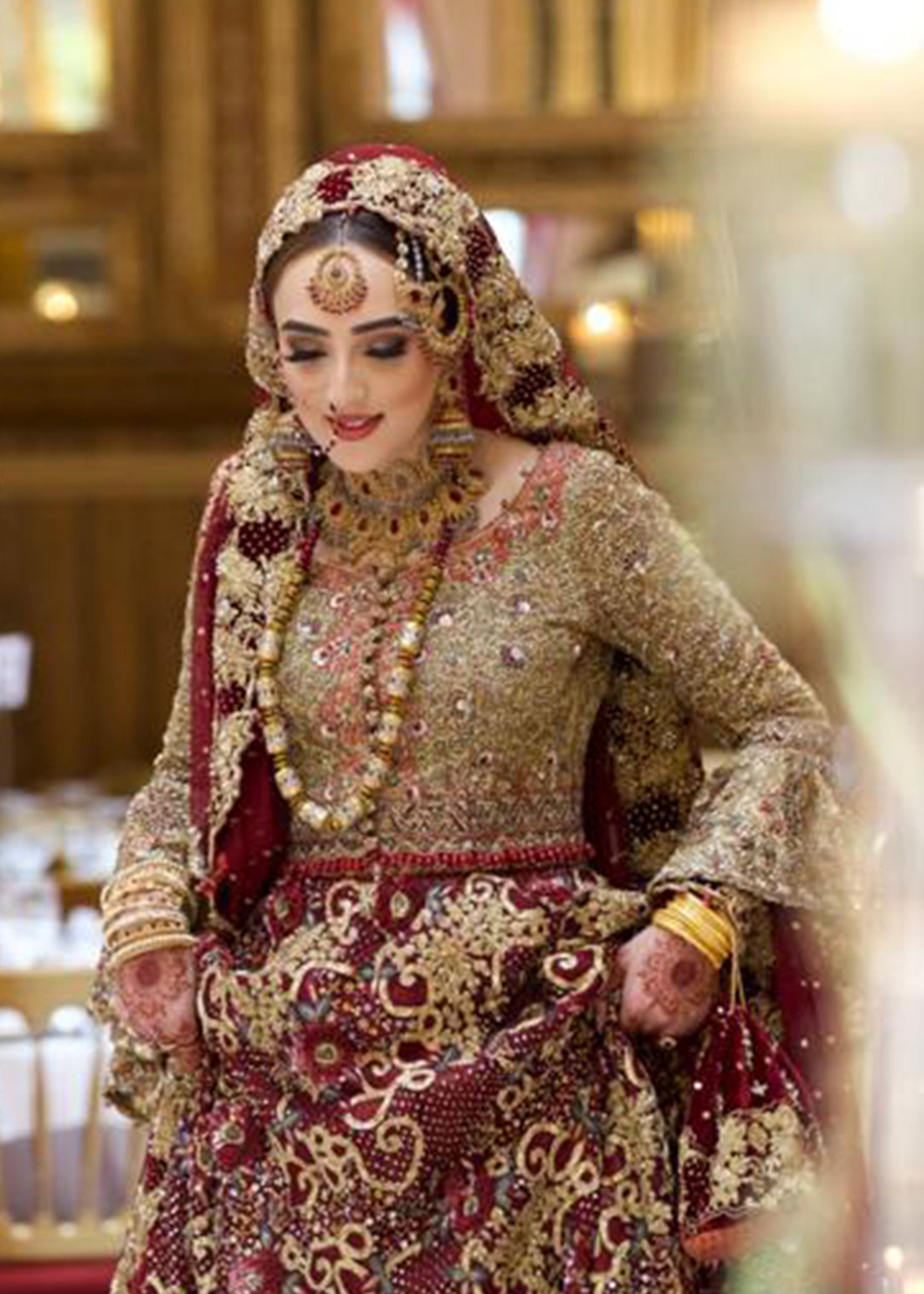 Deep Maroon Gold Zardozi Velvet Bridal Lehenga (3-Piece) - Image 4