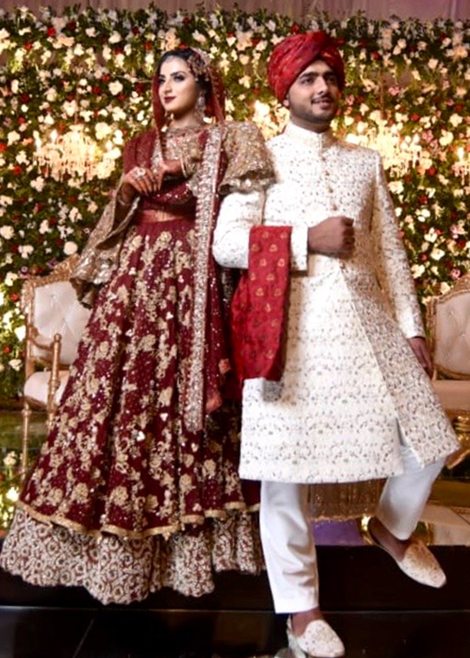 Pakistani Deep Maroon Gold Embellished Velvet Bridal Lehenga (3-Piece) - Image 1