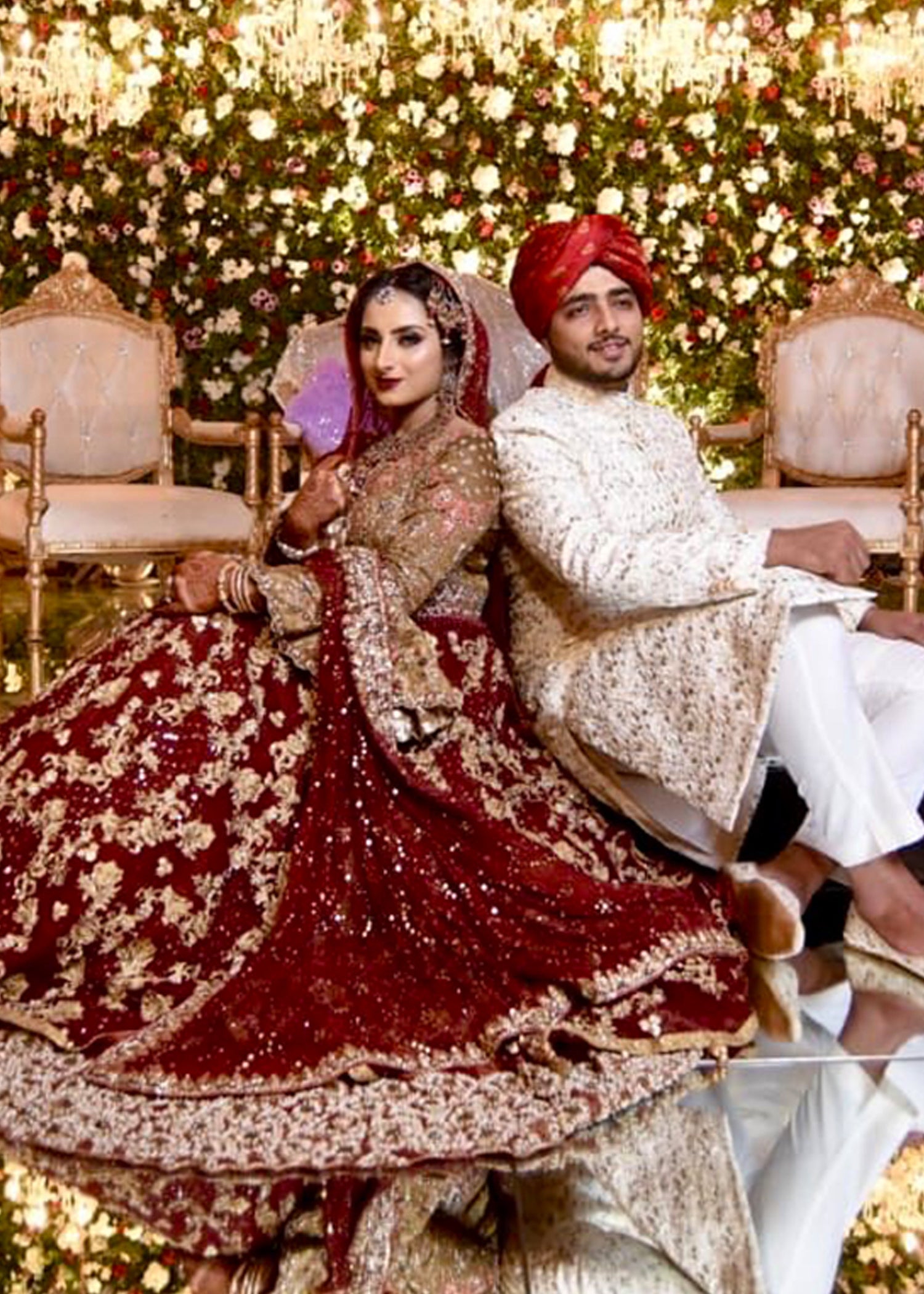 Pakistani Deep Maroon Gold Embellished Velvet Bridal Lehenga (3-Piece) - Image 4