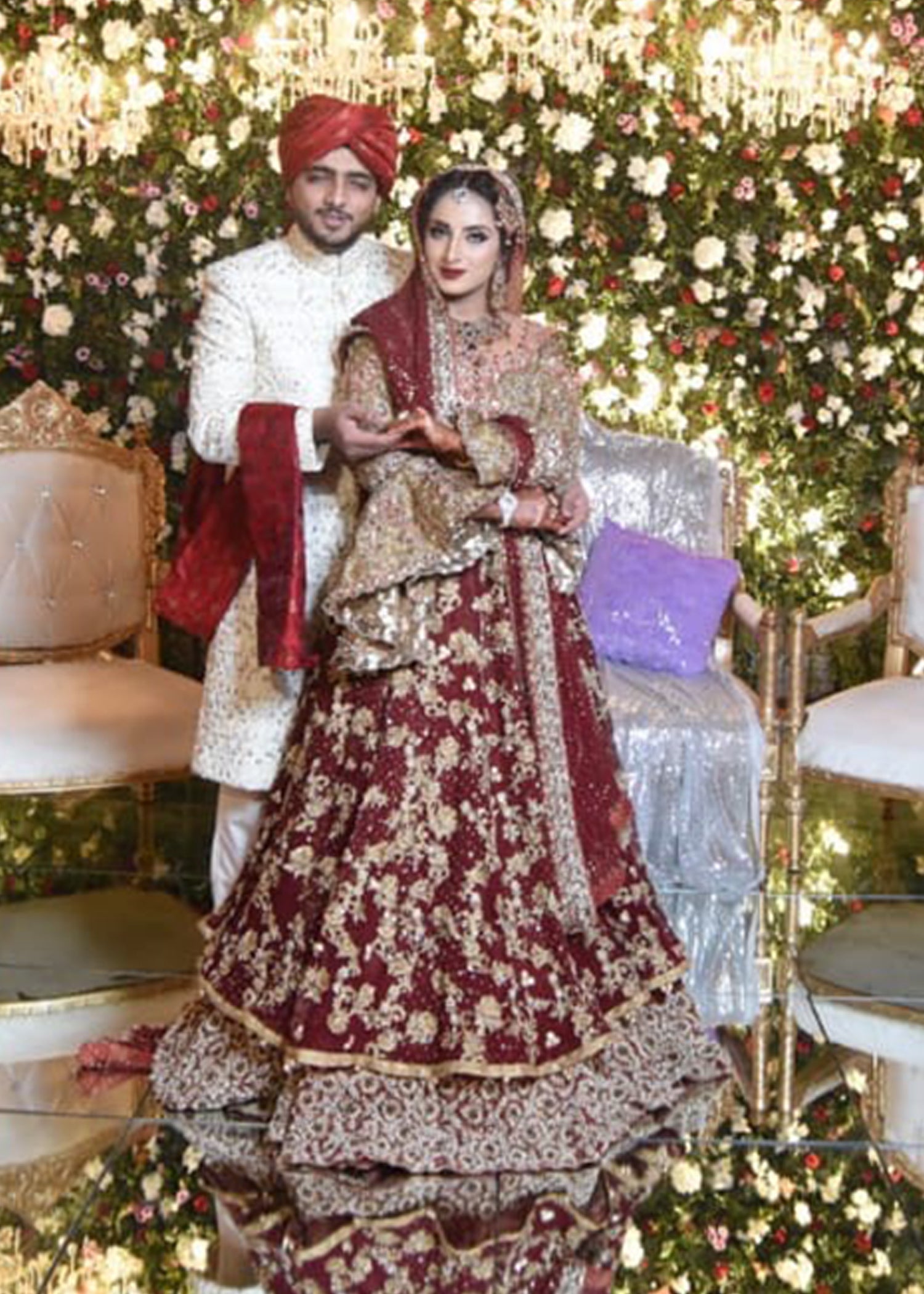 Pakistani Deep Maroon Gold Embellished Velvet Bridal Lehenga (3-Piece) - Image 6