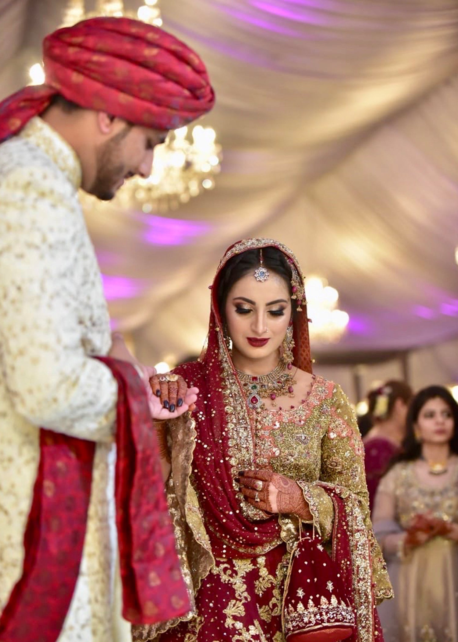 Pakistani Deep Maroon Gold Embellished Velvet Bridal Lehenga (3-Piece) - Image 7