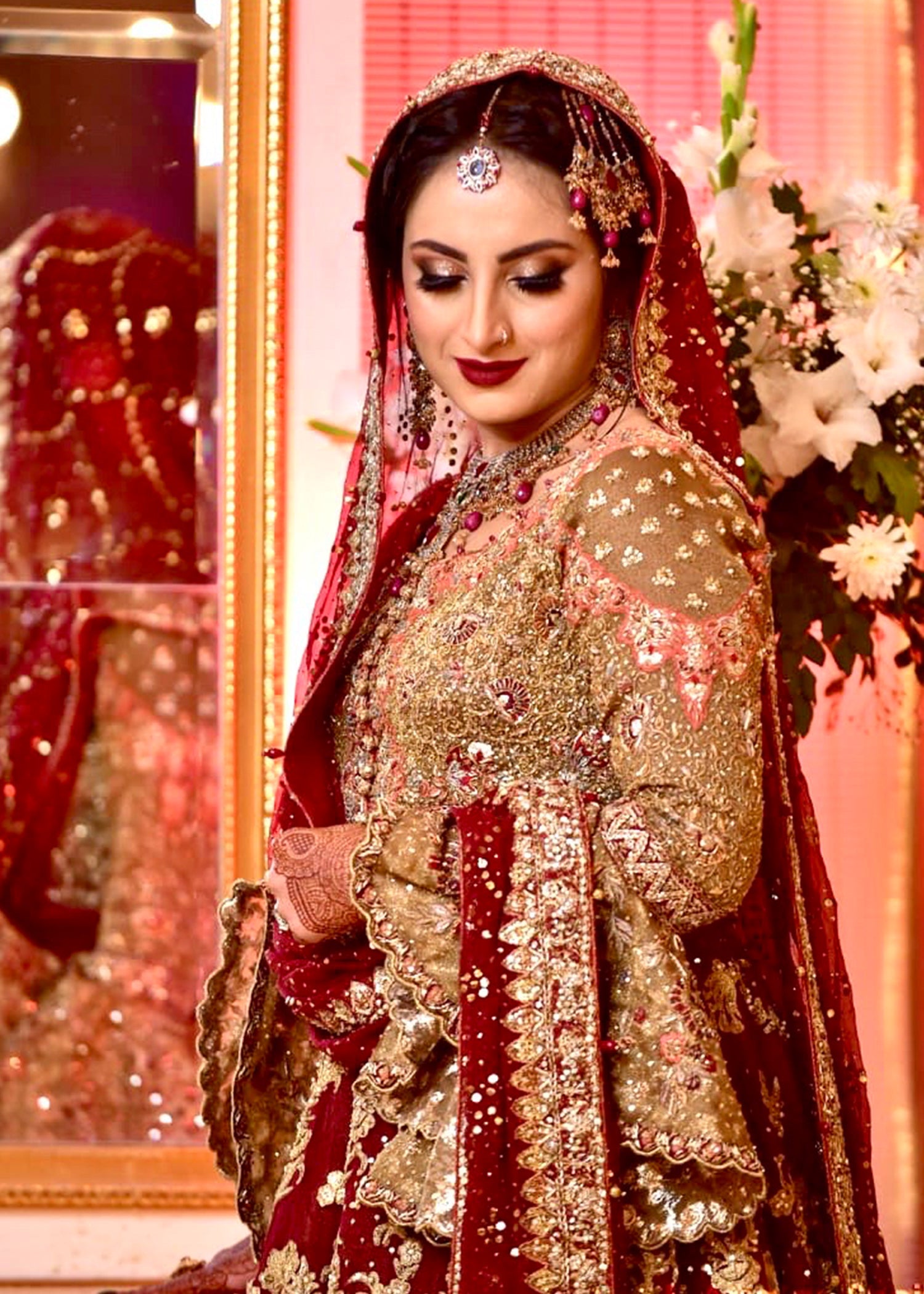 Pakistani Deep Maroon Gold Embellished Velvet Bridal Lehenga (3-Piece) - Image 8