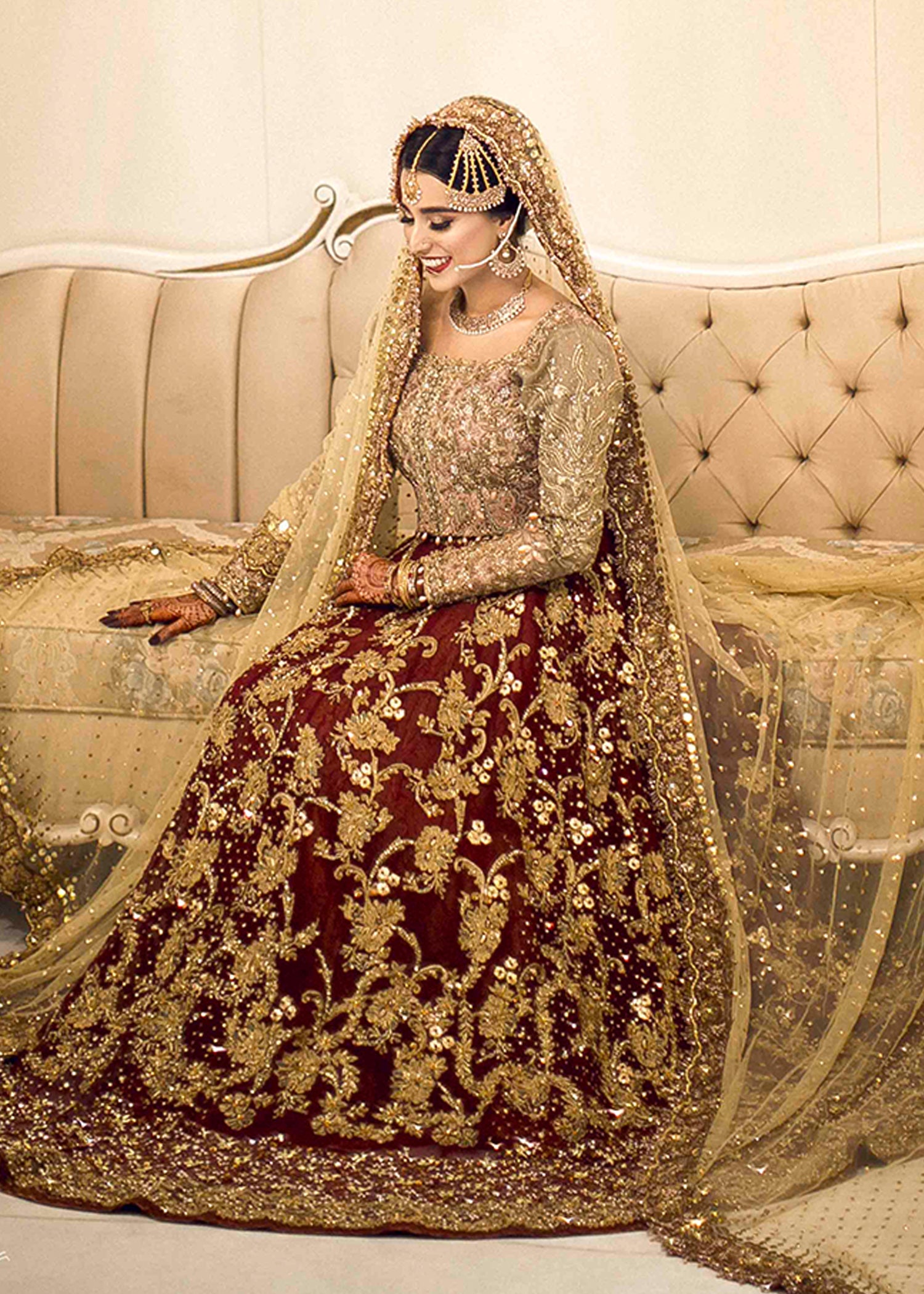 Pakistani Deep Maroon Zardozi Velvet Bridal Lehenga (3-Piece) - Image 1
