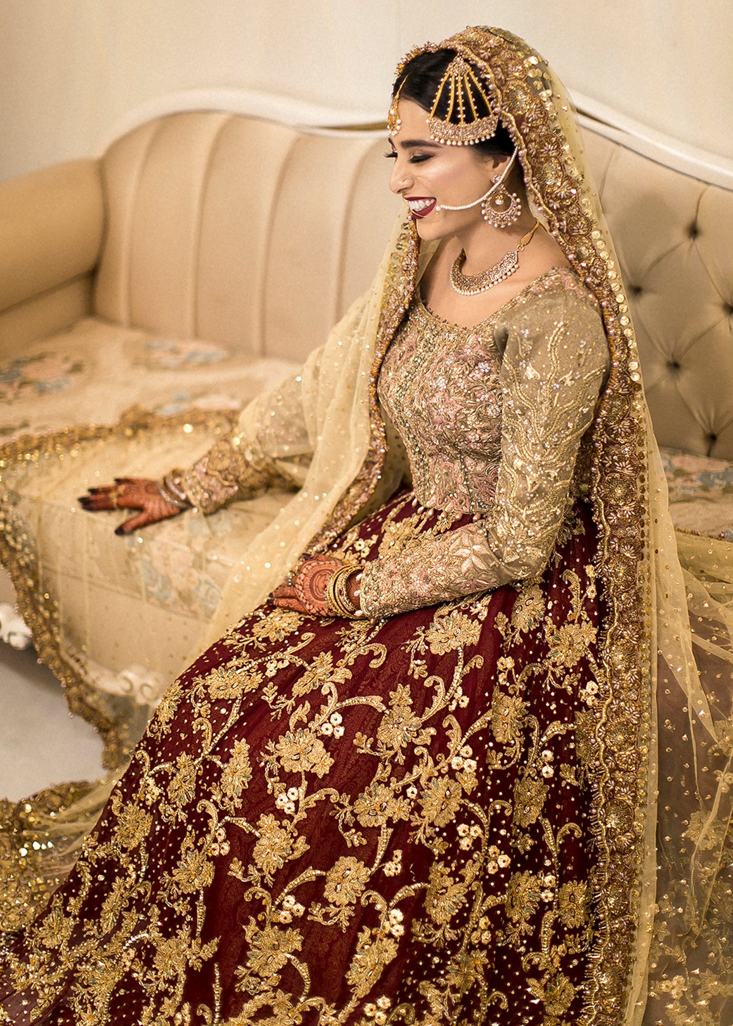 Pakistani Deep Maroon Zardozi Velvet Bridal Lehenga (3-Piece) - Image 2