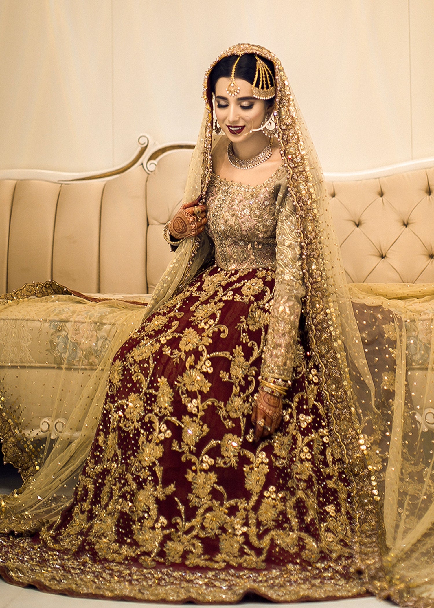 Pakistani Deep Maroon Zardozi Velvet Bridal Lehenga (3-Piece) - Image 3