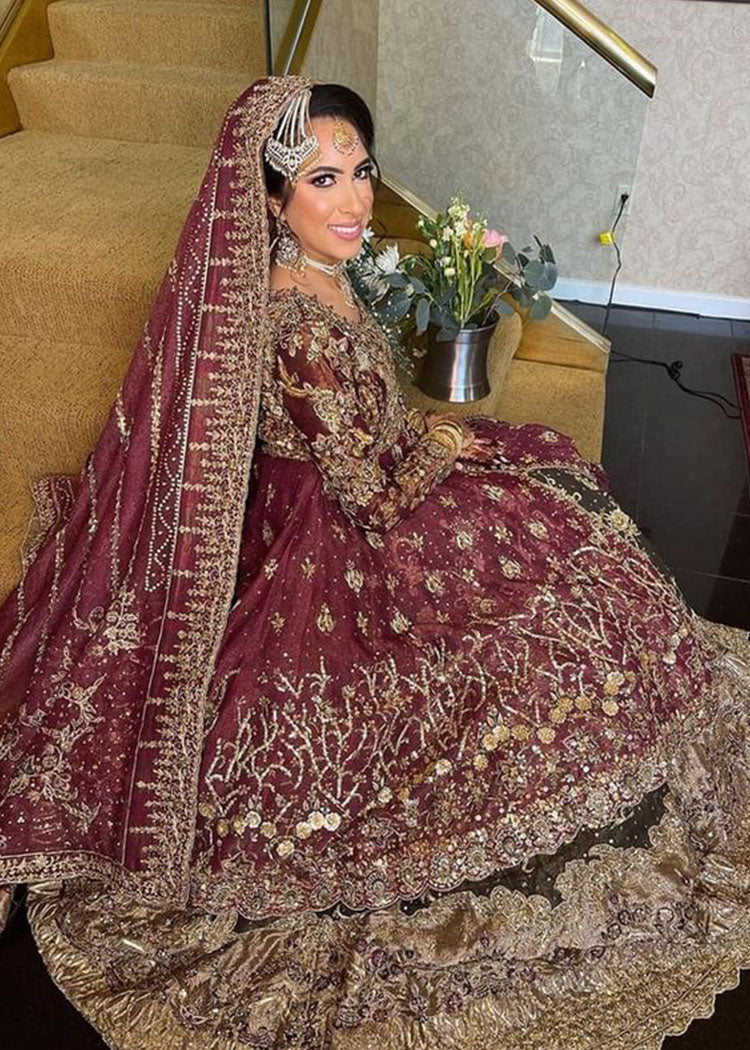 Deep Maroon Embellished Velvet Bridal Lehenga (3-Piece) - Image 1