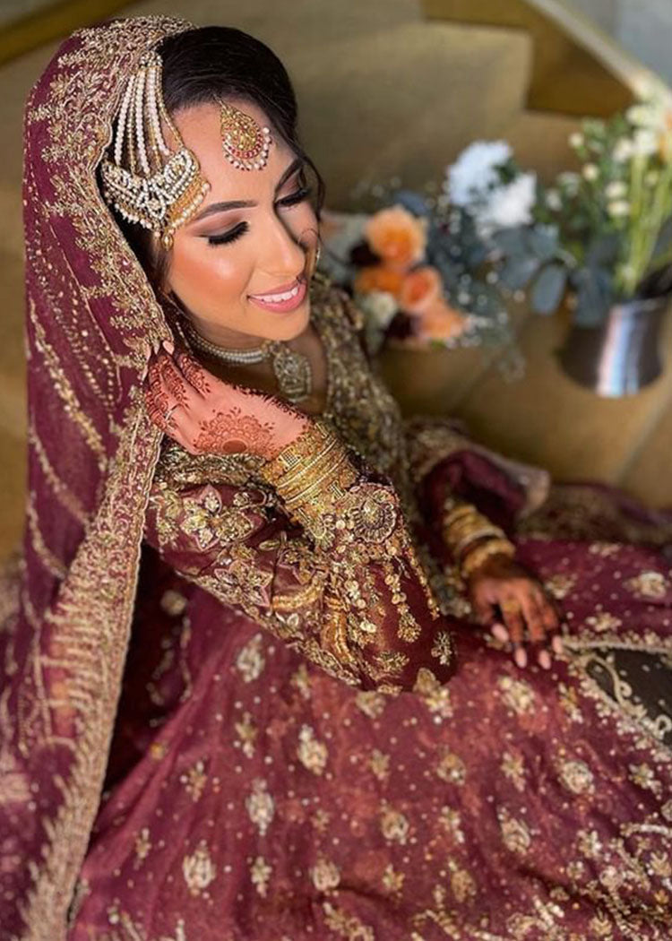 Deep Maroon Embellished Velvet Bridal Lehenga (3-Piece) - Image 3