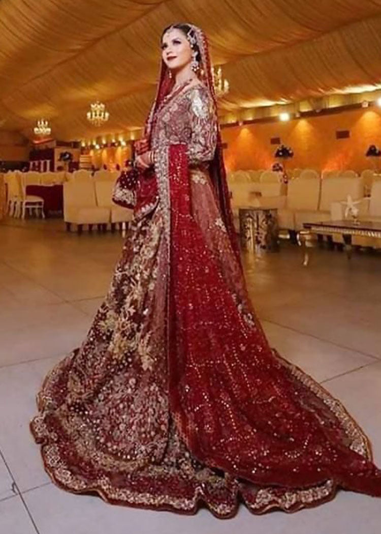 Pakistani Deep Maroon Zardozi Velvet Bridal Lehenga (3-Piece) - Image 1