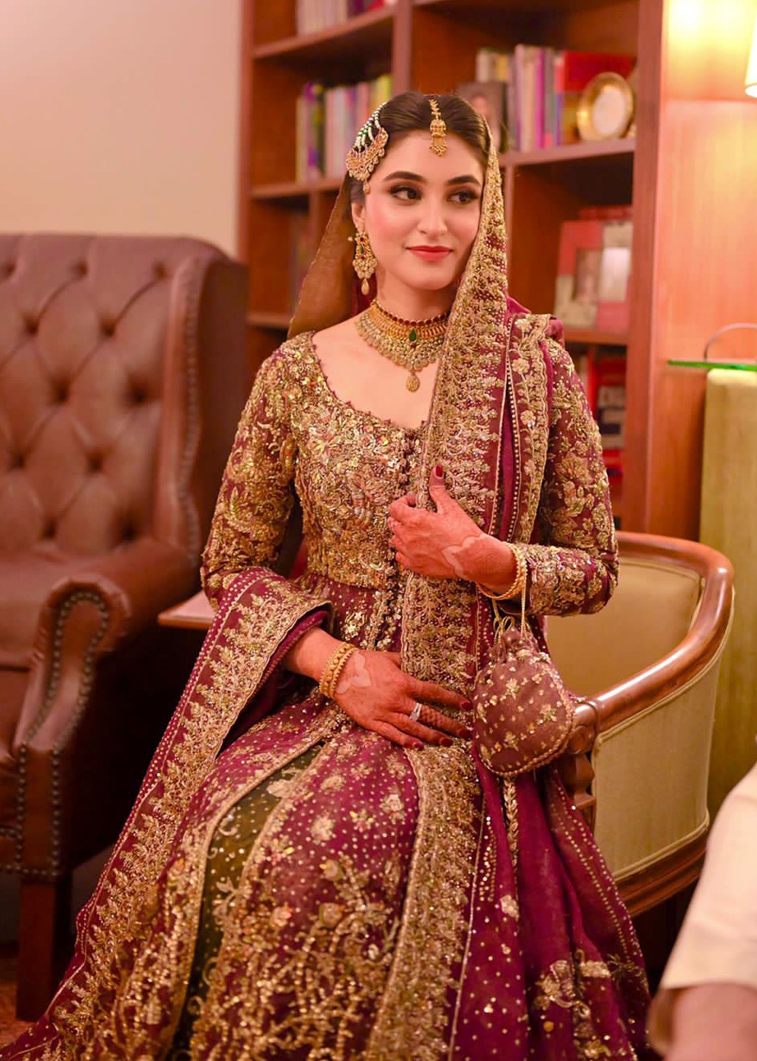 Pakistani Deep Maroon Gold Embroidered Velvet Bridal Lehenga (3-Piece) - Image 11