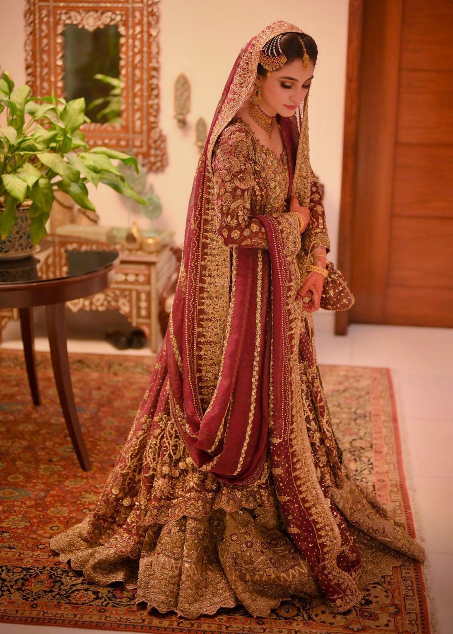 Pakistani Deep Maroon Gold Embroidered Velvet Bridal Lehenga (3-Piece) - Image 6