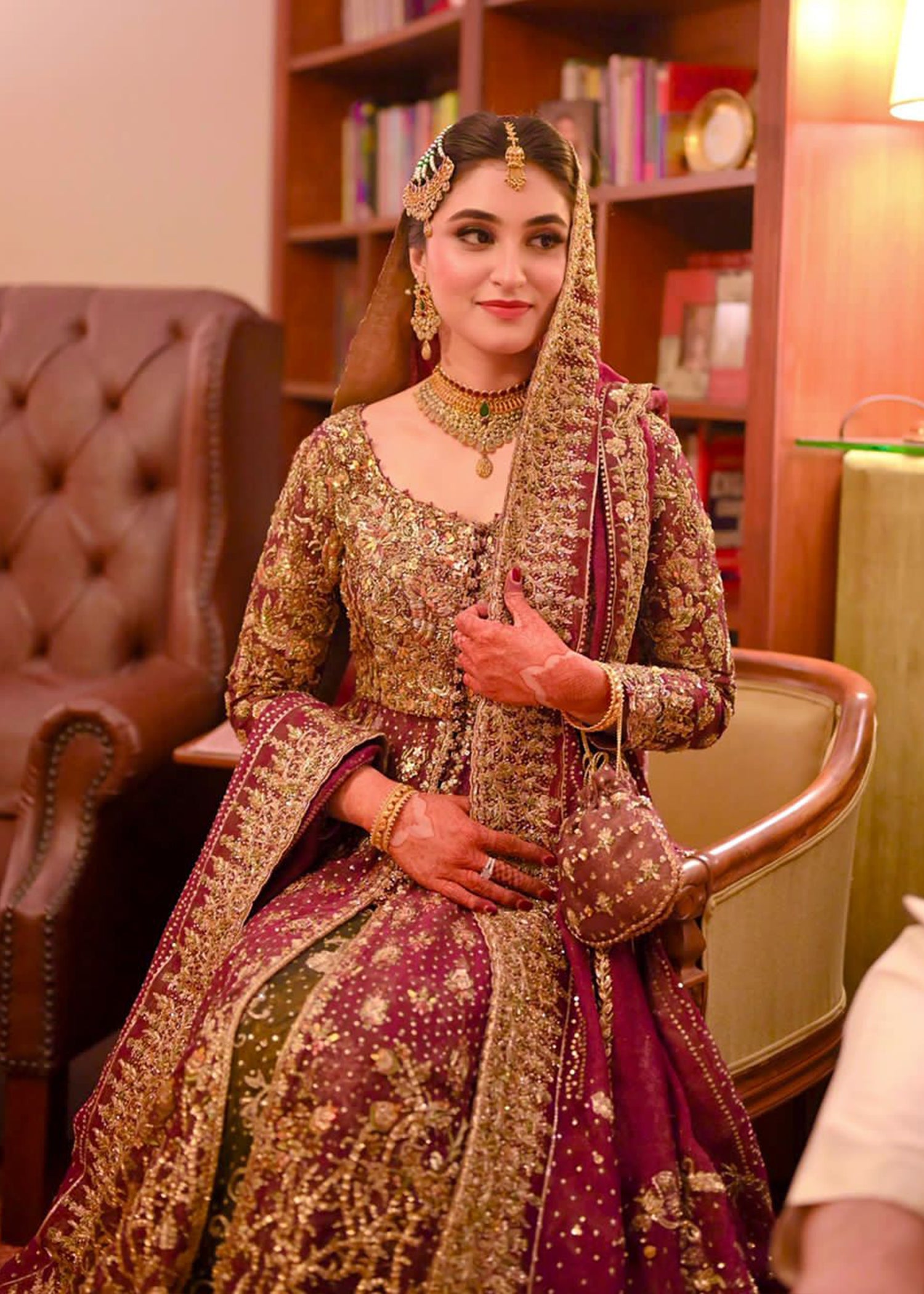 Pakistani Deep Maroon Gold Embroidered Velvet Bridal Lehenga (3-Piece) - Image 7