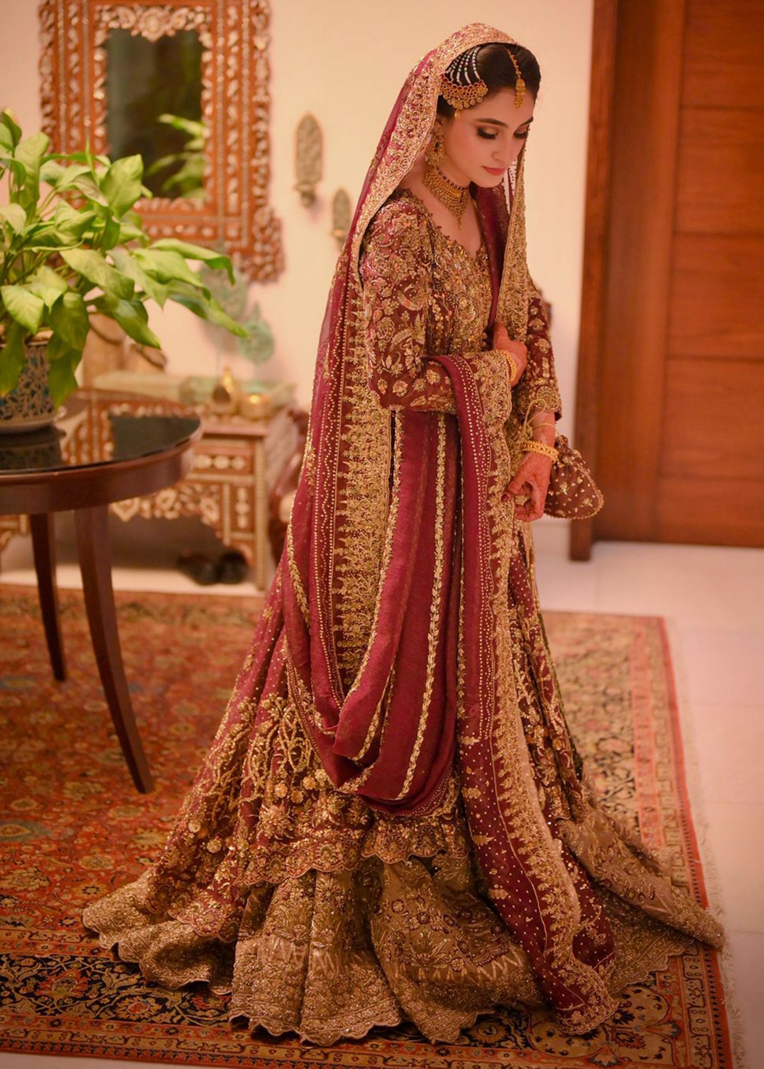 Pakistani Deep Maroon Gold Embroidered Velvet Bridal Lehenga (3-Piece) - Image 8