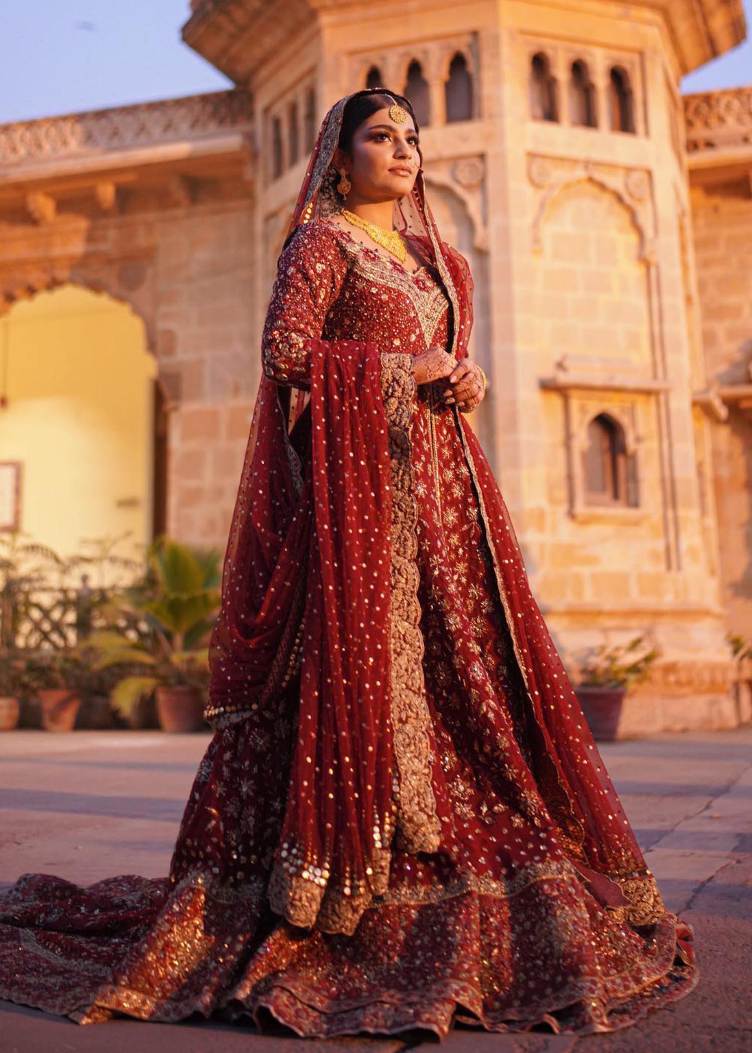 Deep Maroon Embellished Velvet Bridal Lehenga (3-Piece) - Image 1