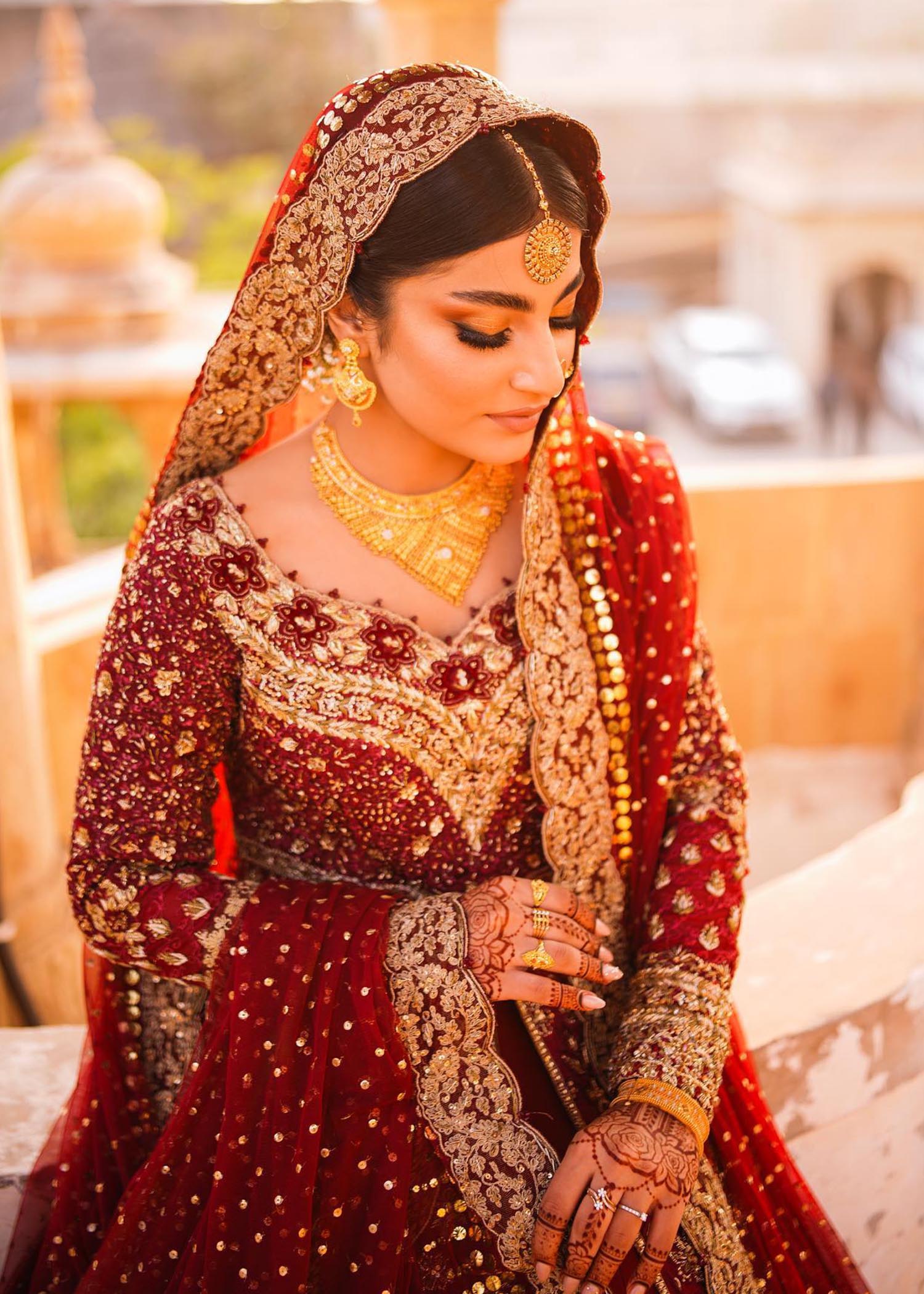 Deep Maroon Embellished Velvet Bridal Lehenga (3-Piece) - Image 4