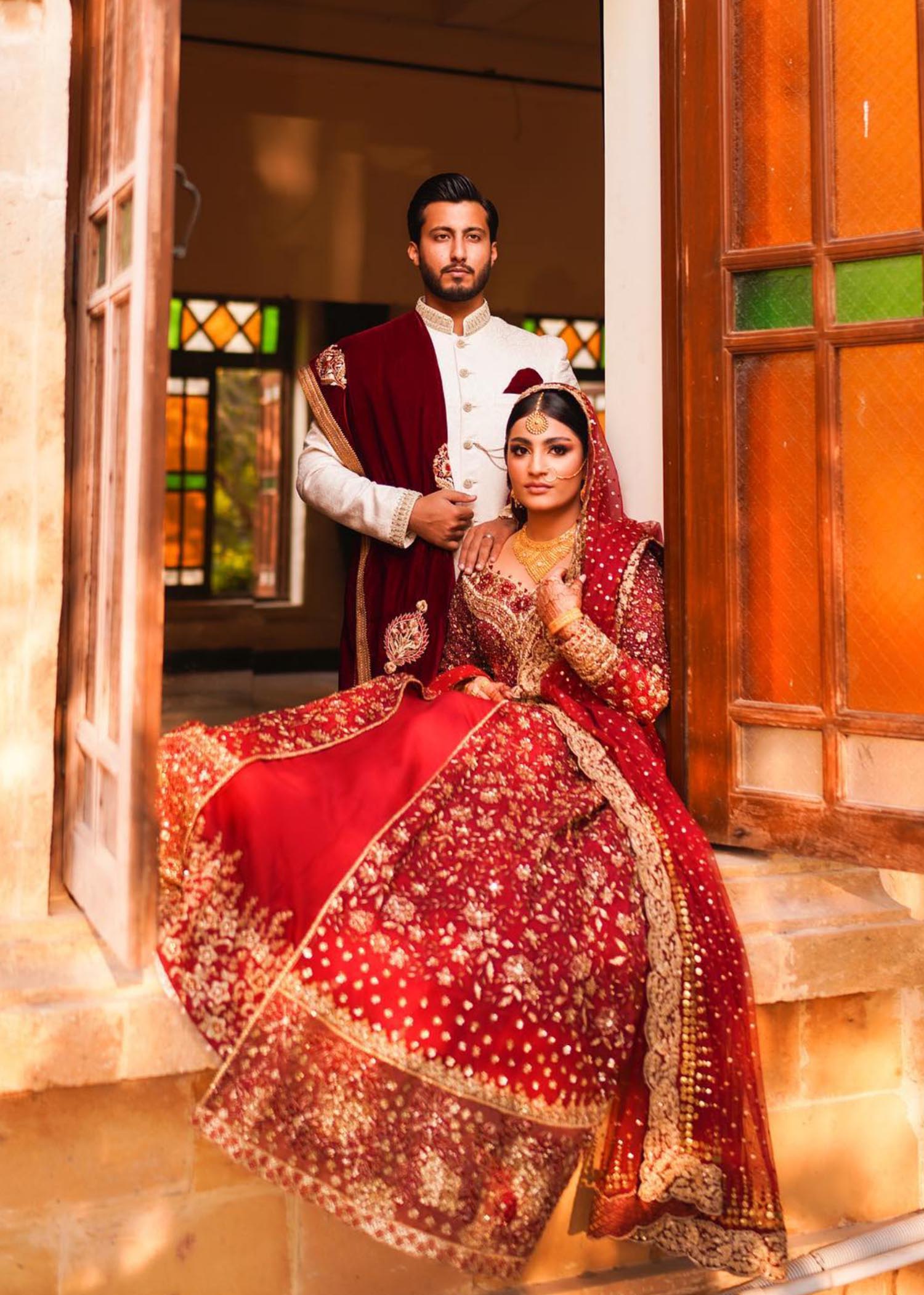 Deep Maroon Embellished Velvet Bridal Lehenga (3-Piece) - Image 6