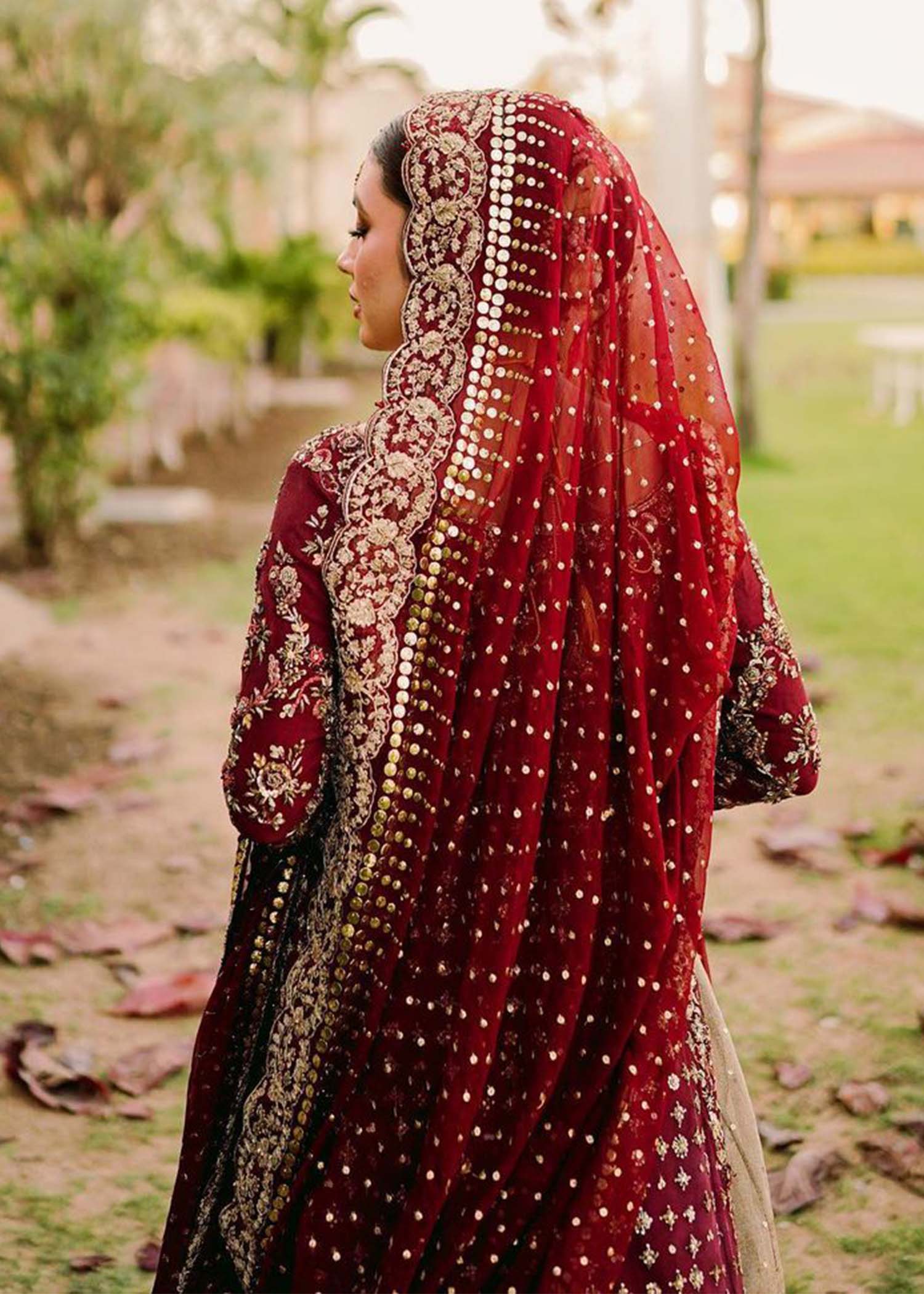 Deep Maroon Embellished Velvet Bridal Lehenga (3-Piece) - Image 7