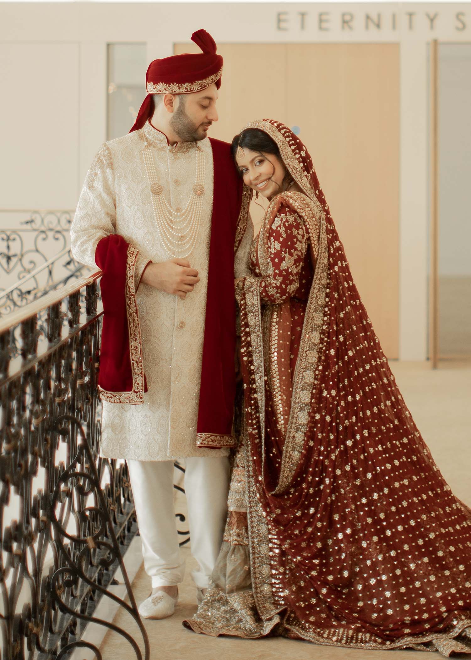 Pakistani Deep Maroon Gold Embroidered Velvet Silk Bridal Lehenga (3-Piece) - Image 1