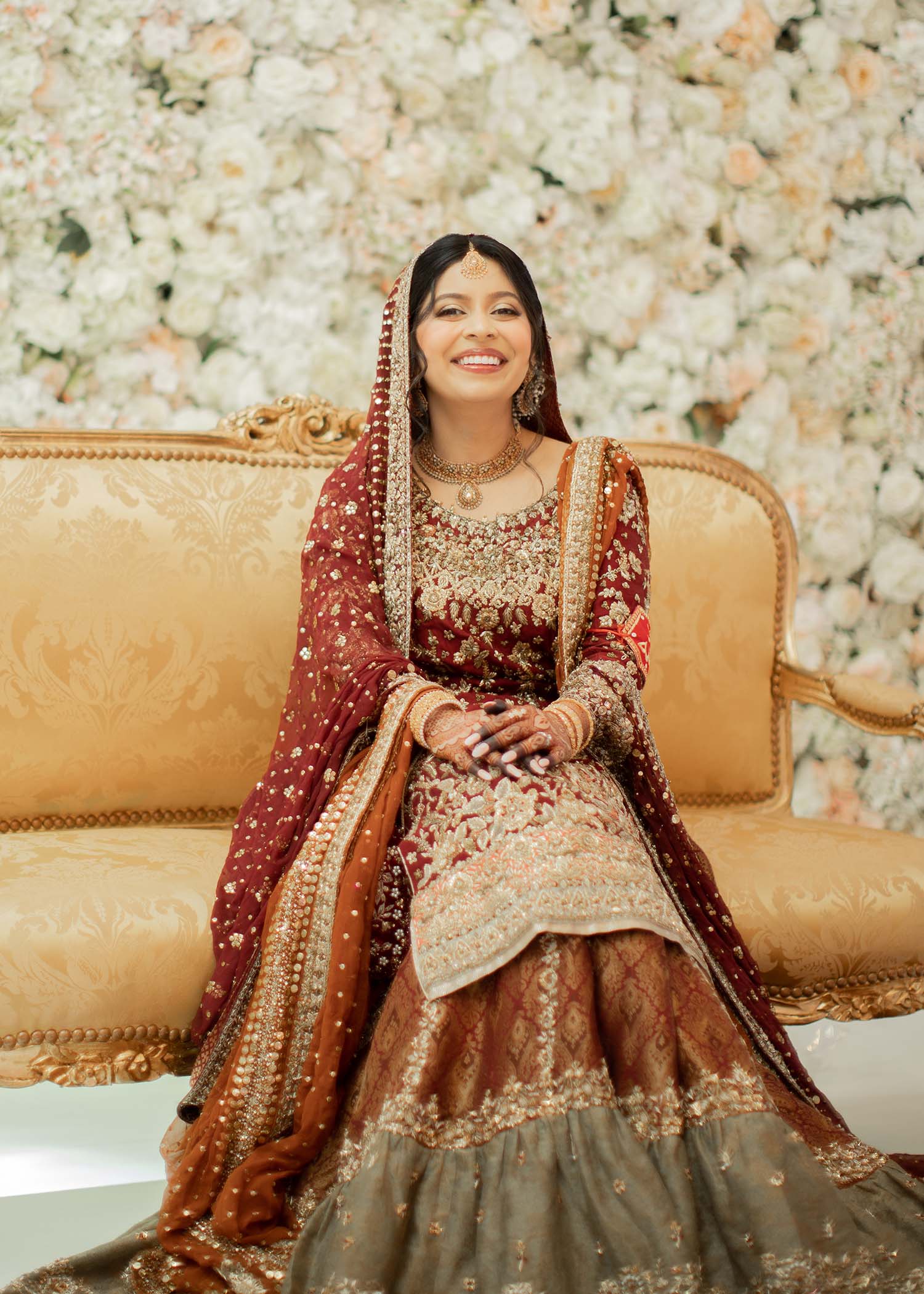 Pakistani Deep Maroon Gold Embroidered Velvet Silk Bridal Lehenga (3-Piece) - Image 10