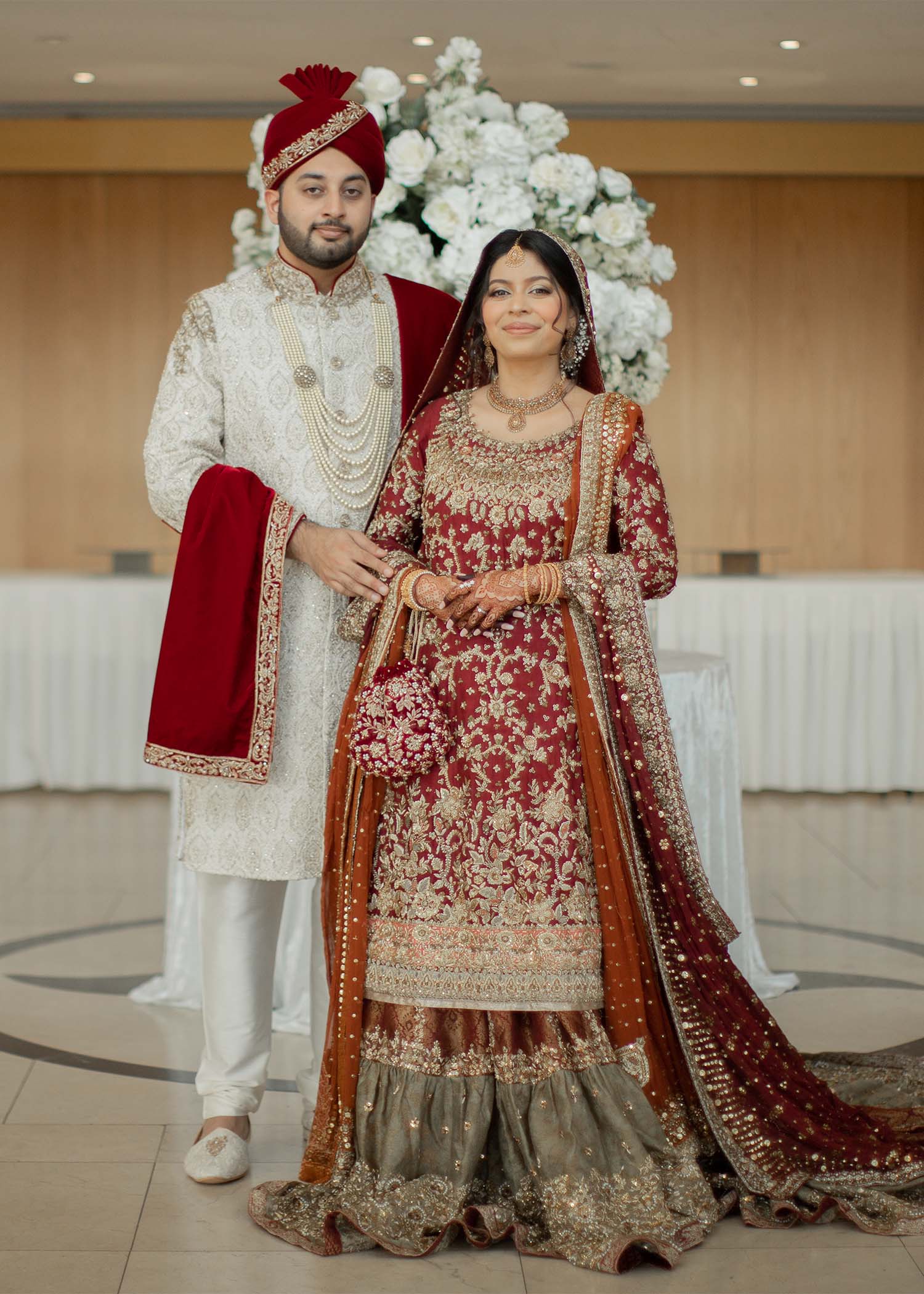 Pakistani Deep Maroon Gold Embroidered Velvet Silk Bridal Lehenga (3-Piece) - Image 2