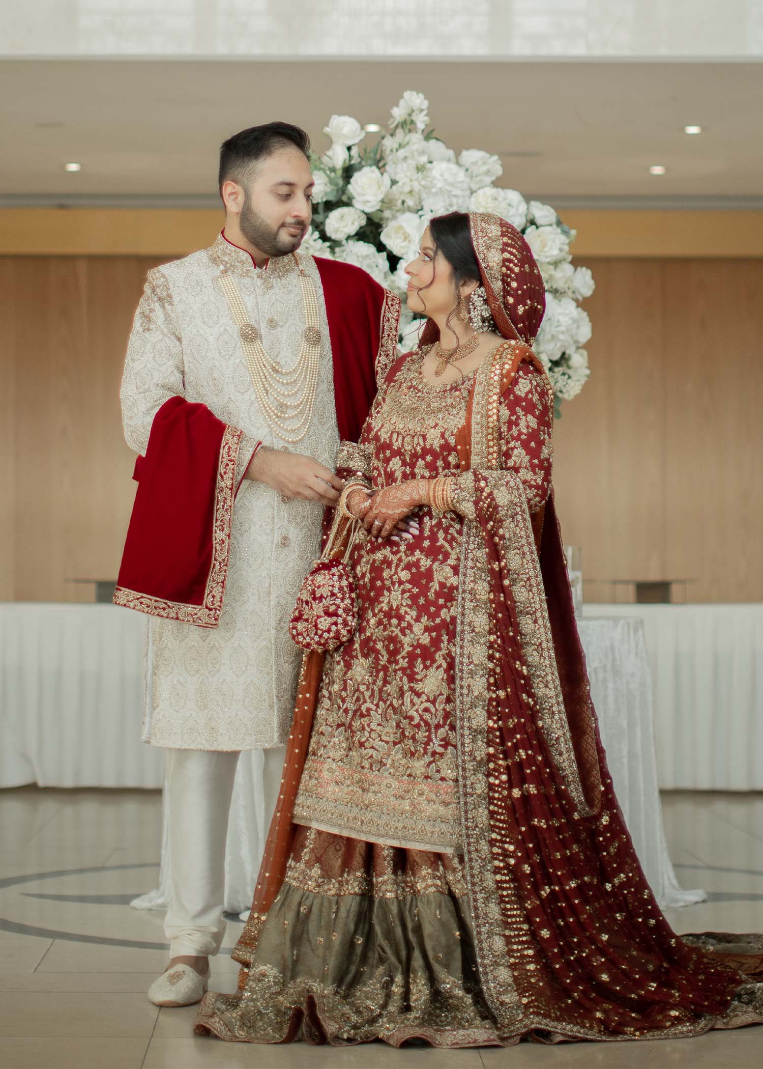 Pakistani Deep Maroon Gold Embroidered Velvet Silk Bridal Lehenga (3-Piece) - Image 3