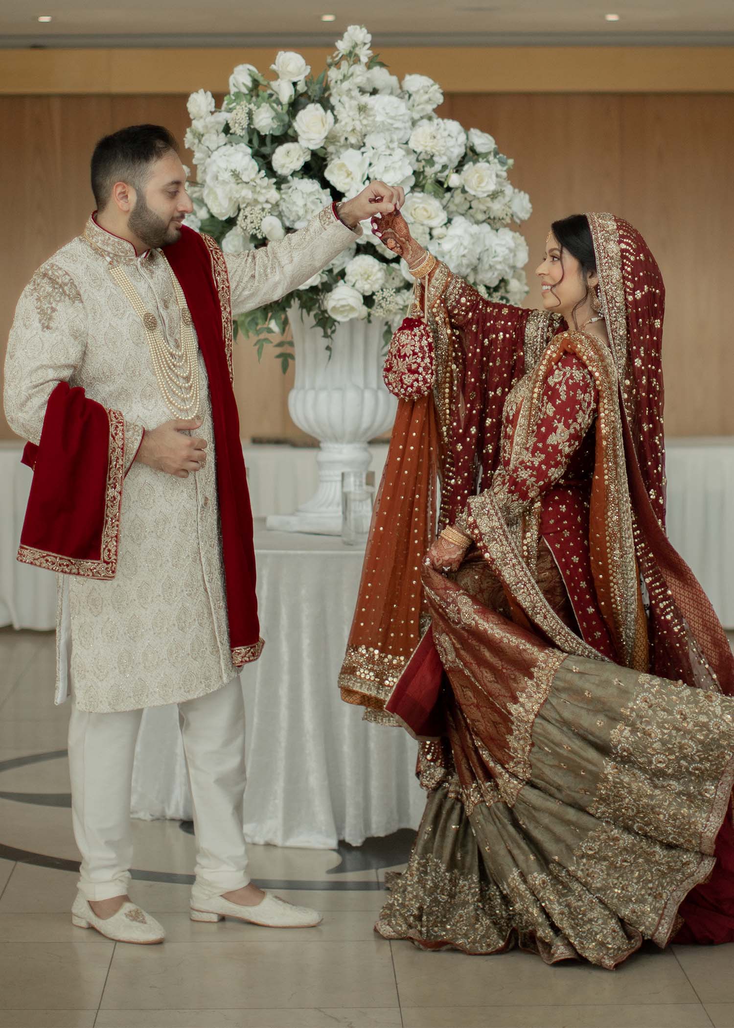 Pakistani Deep Maroon Gold Embroidered Velvet Silk Bridal Lehenga (3-Piece) - Image 4