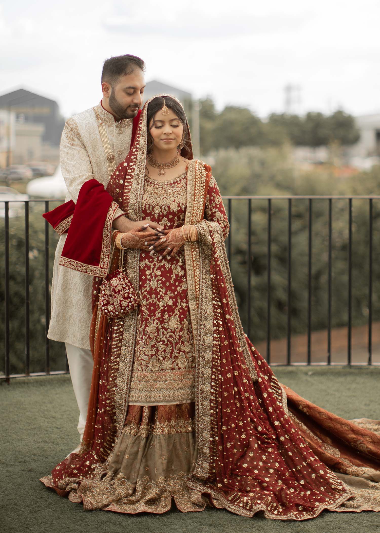 Pakistani Deep Maroon Gold Embroidered Velvet Silk Bridal Lehenga (3-Piece) - Image 6