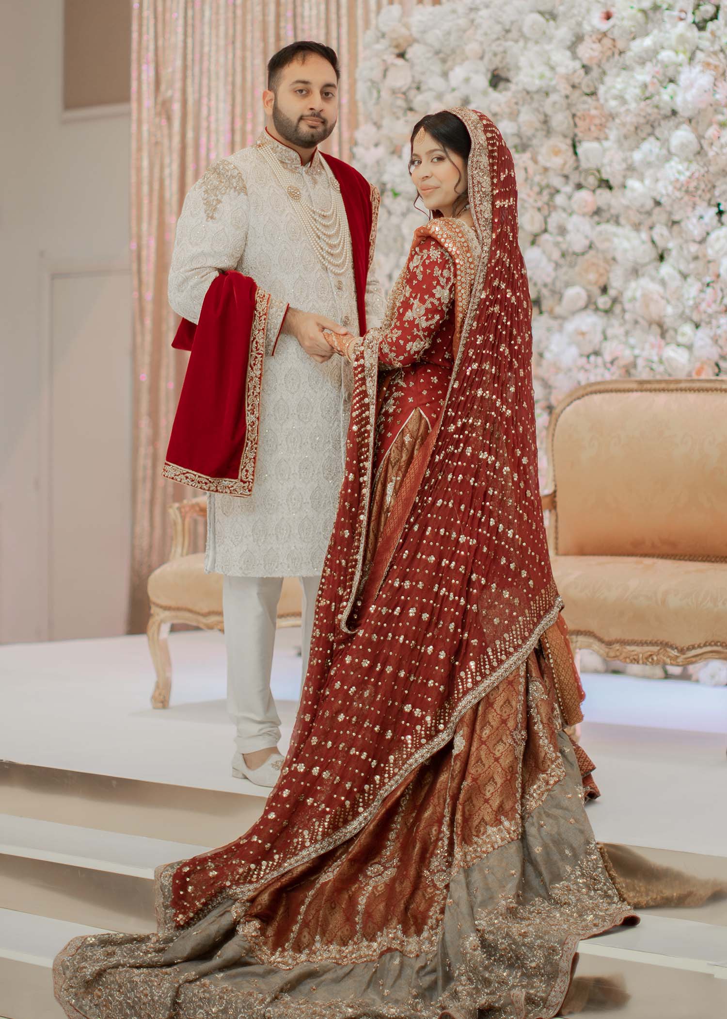 Pakistani Deep Maroon Gold Embroidered Velvet Silk Bridal Lehenga (3-Piece) - Image 7