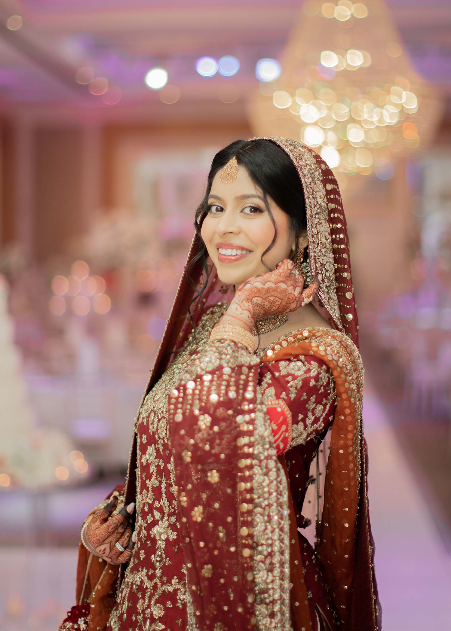 Pakistani Deep Maroon Gold Embroidered Velvet Silk Bridal Lehenga (3-Piece) - Image 8