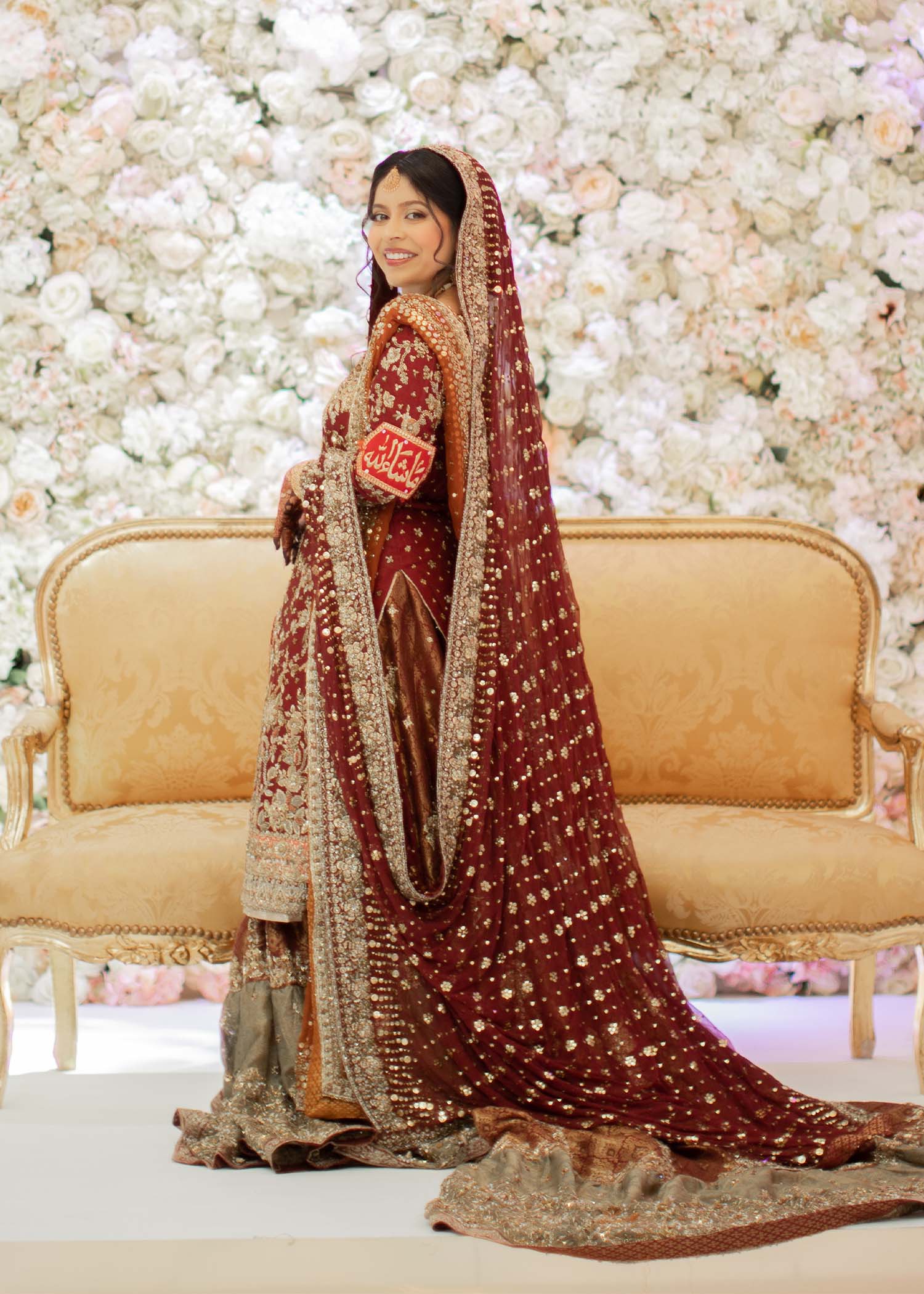 Pakistani Deep Maroon Gold Embroidered Velvet Silk Bridal Lehenga (3-Piece) - Image 9