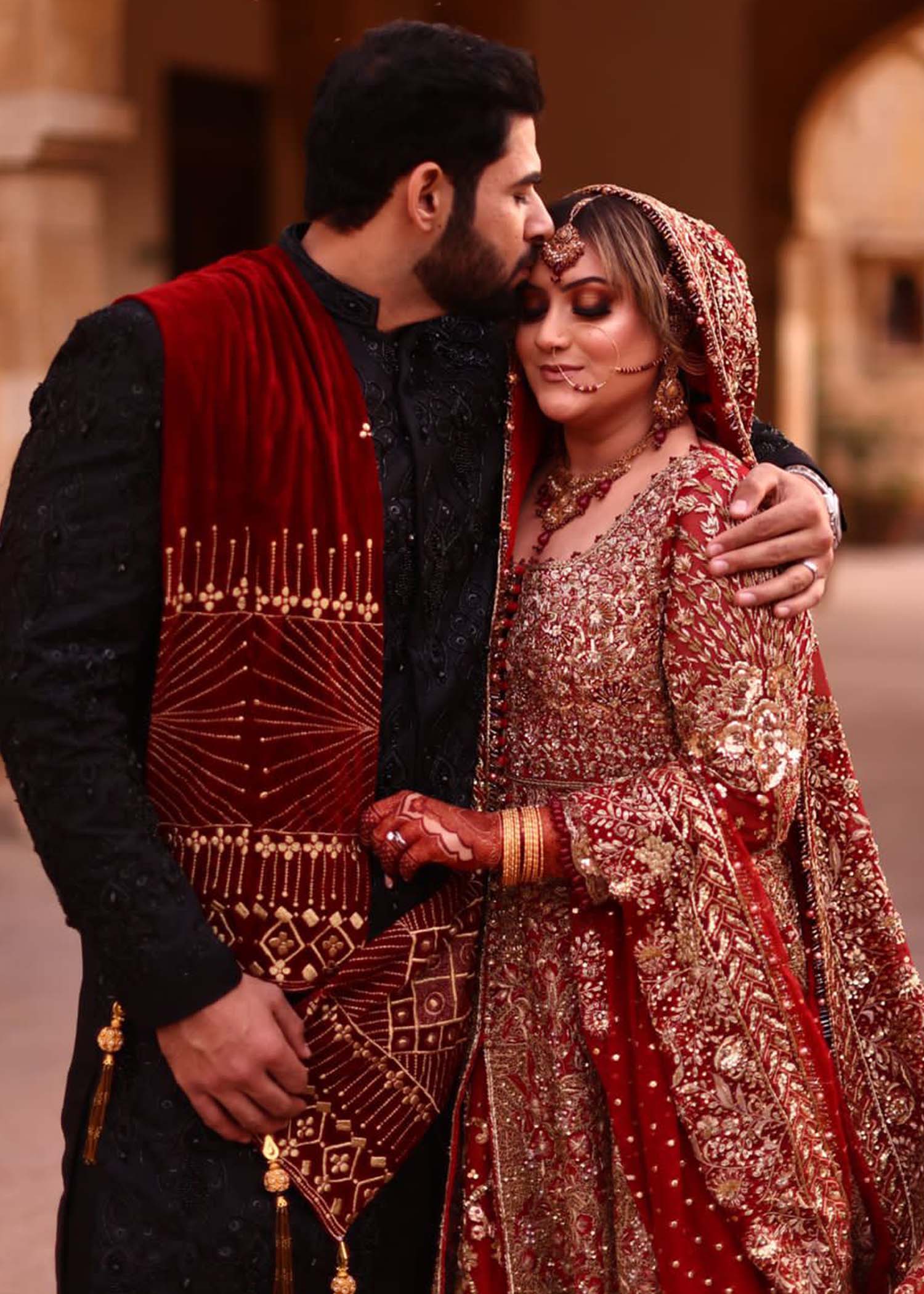 Deep Maroon Embellished Velvet Bridal Lehenga (3-Piece) - Image 5