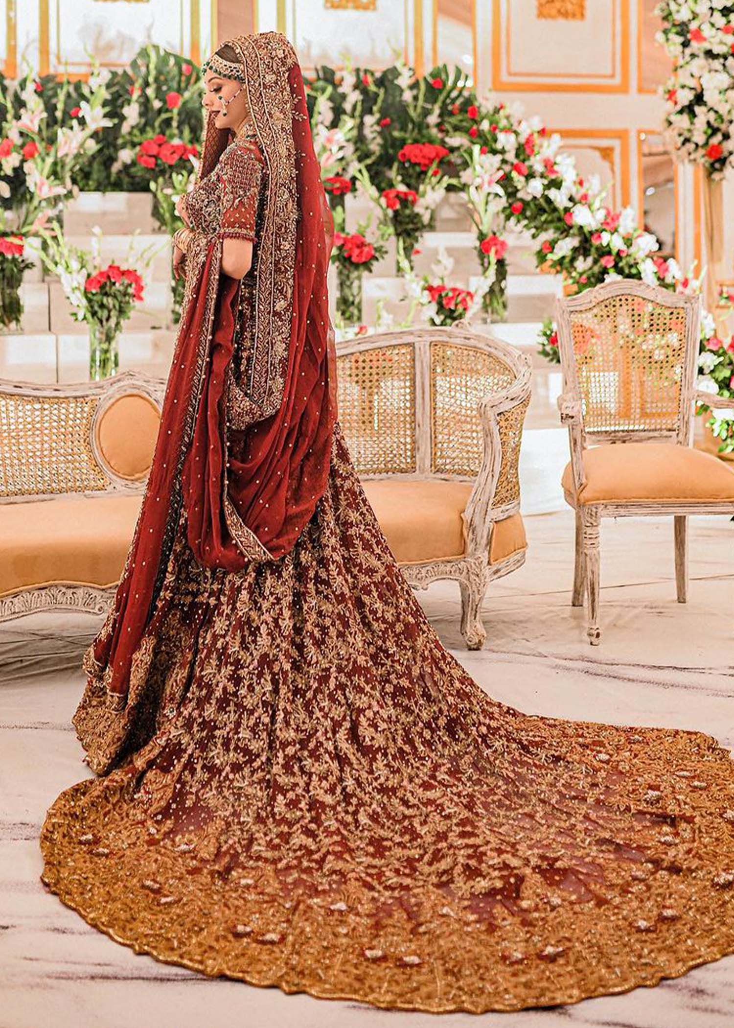 Deep Maroon Zardozi Velvet Bridal Lehenga (3-Piece) - Image 1