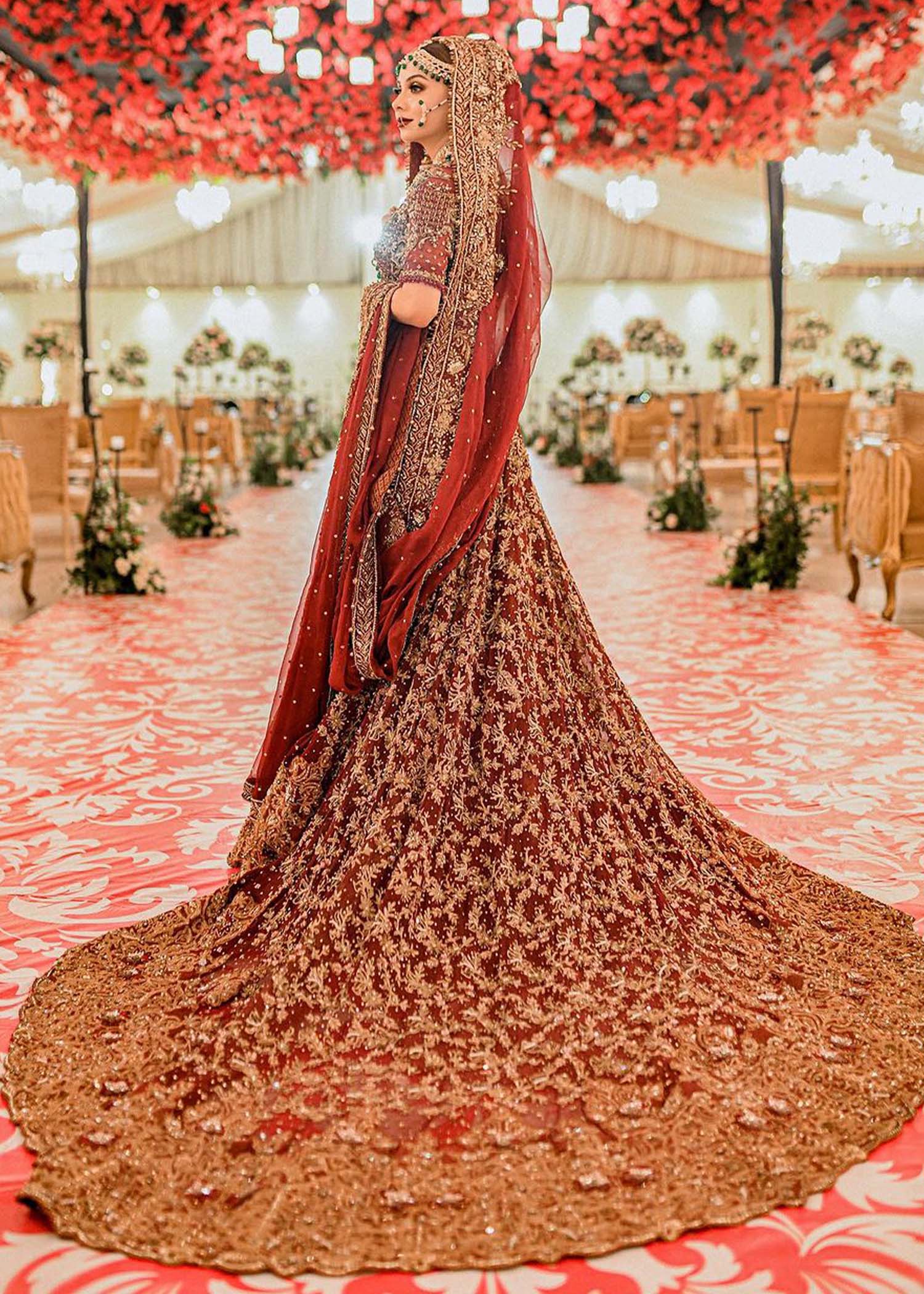 Deep Maroon Zardozi Velvet Bridal Lehenga (3-Piece) - Image 4