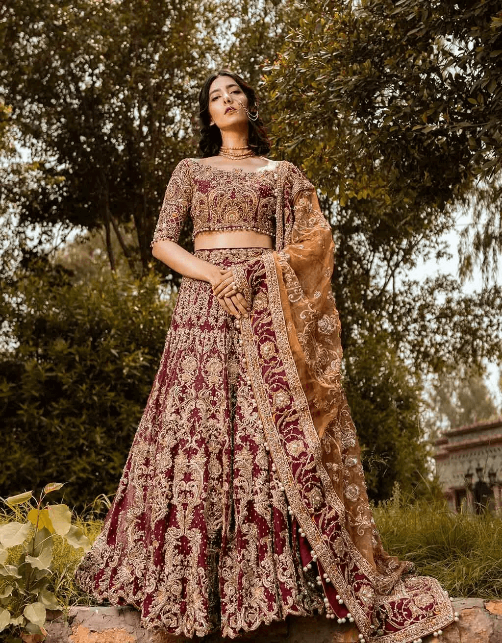 Pakistani Maroon Embellished Velvet Lehenga Choli (3-Piece) - Image 3