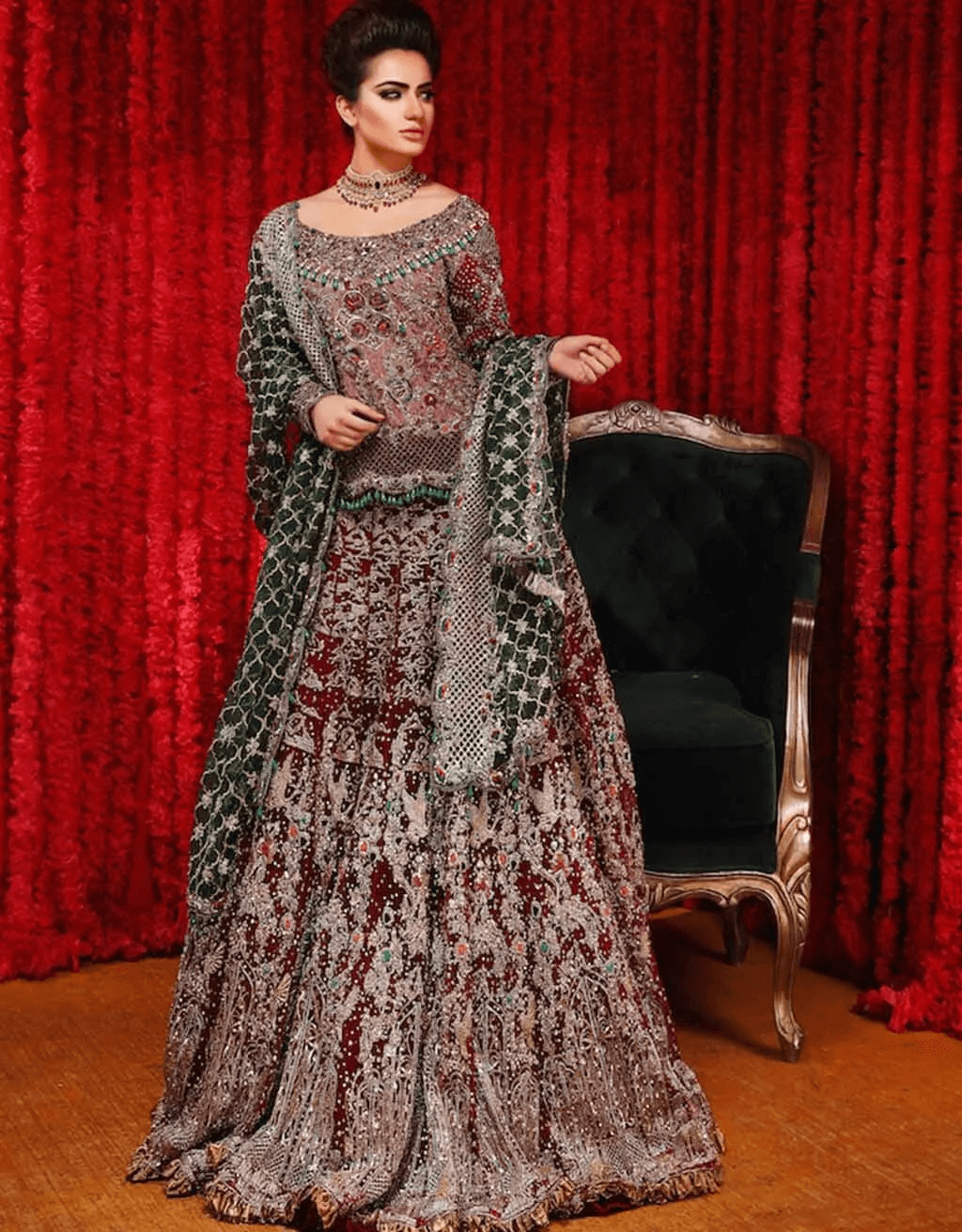 Maroon Emerald Embroidered Velvet Silk Bridal Lehenga (3-Piece) - Image 1