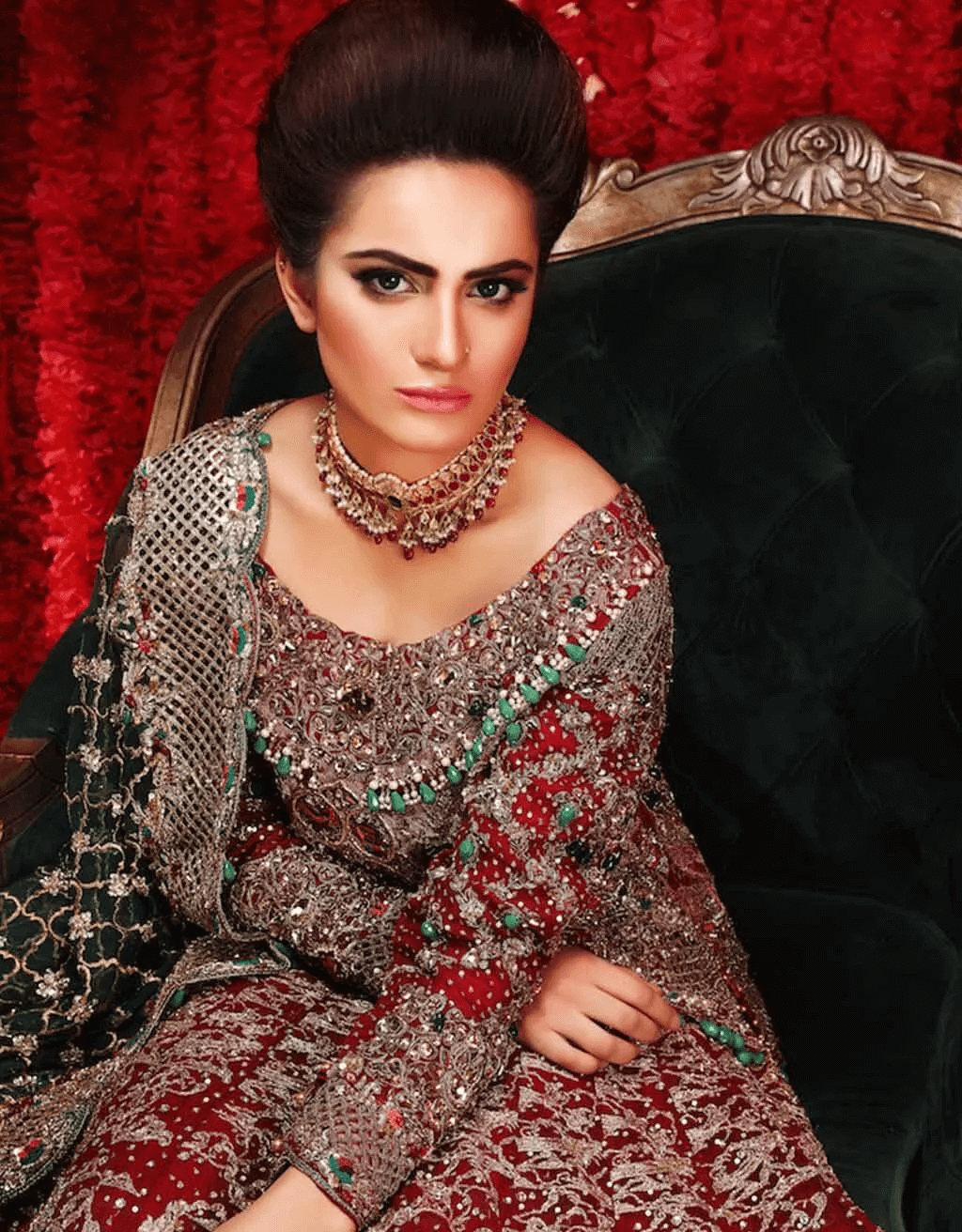 Maroon Emerald Embroidered Velvet Silk Bridal Lehenga (3-Piece) - Image 2