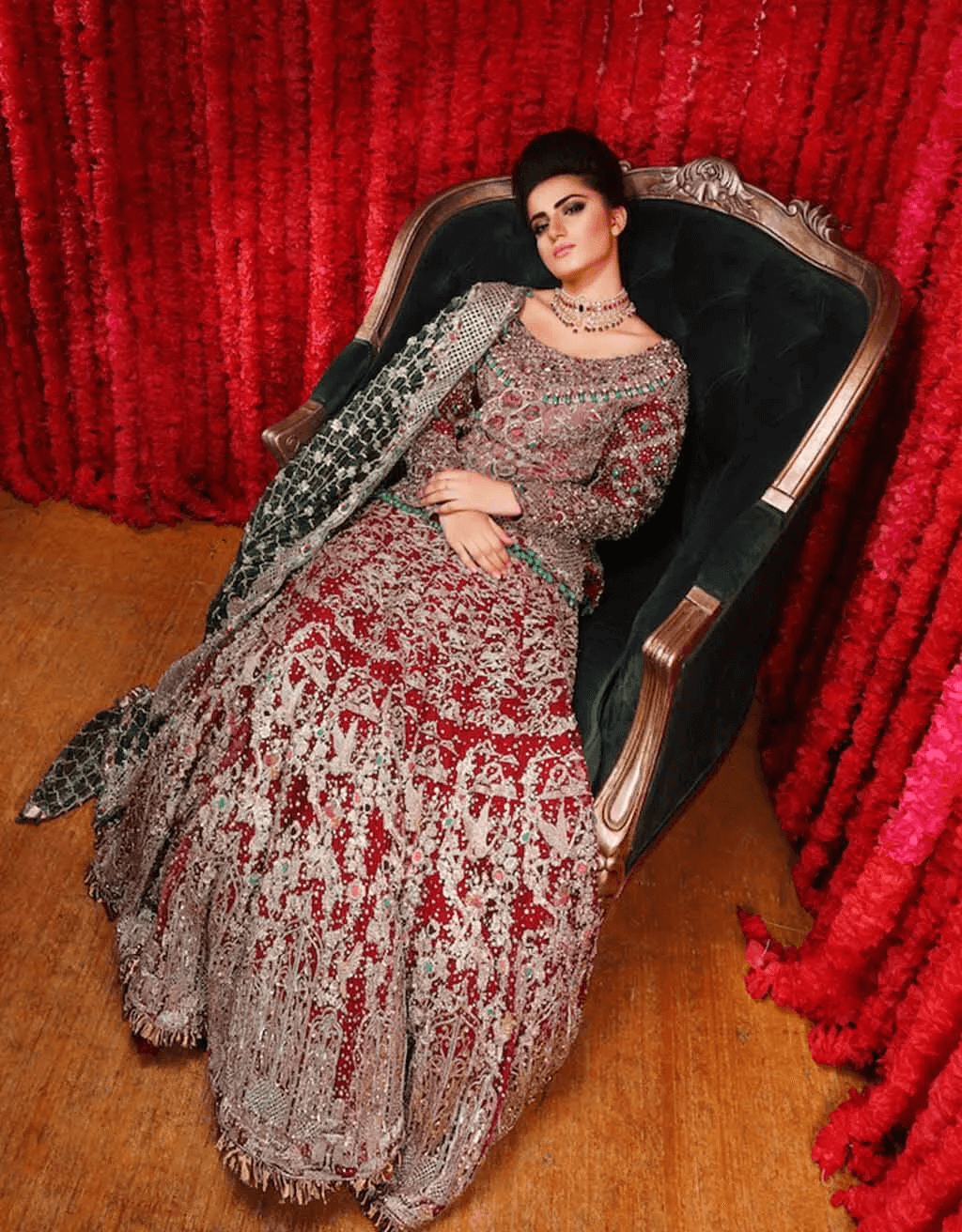 Maroon Emerald Embroidered Velvet Silk Bridal Lehenga (3-Piece) - Image 3