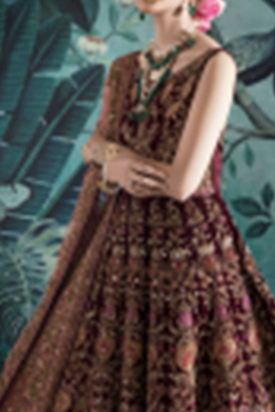 Pakistani Maroon Embroidered Velvet Bridal Lehenga (3-Piece) - Image 2