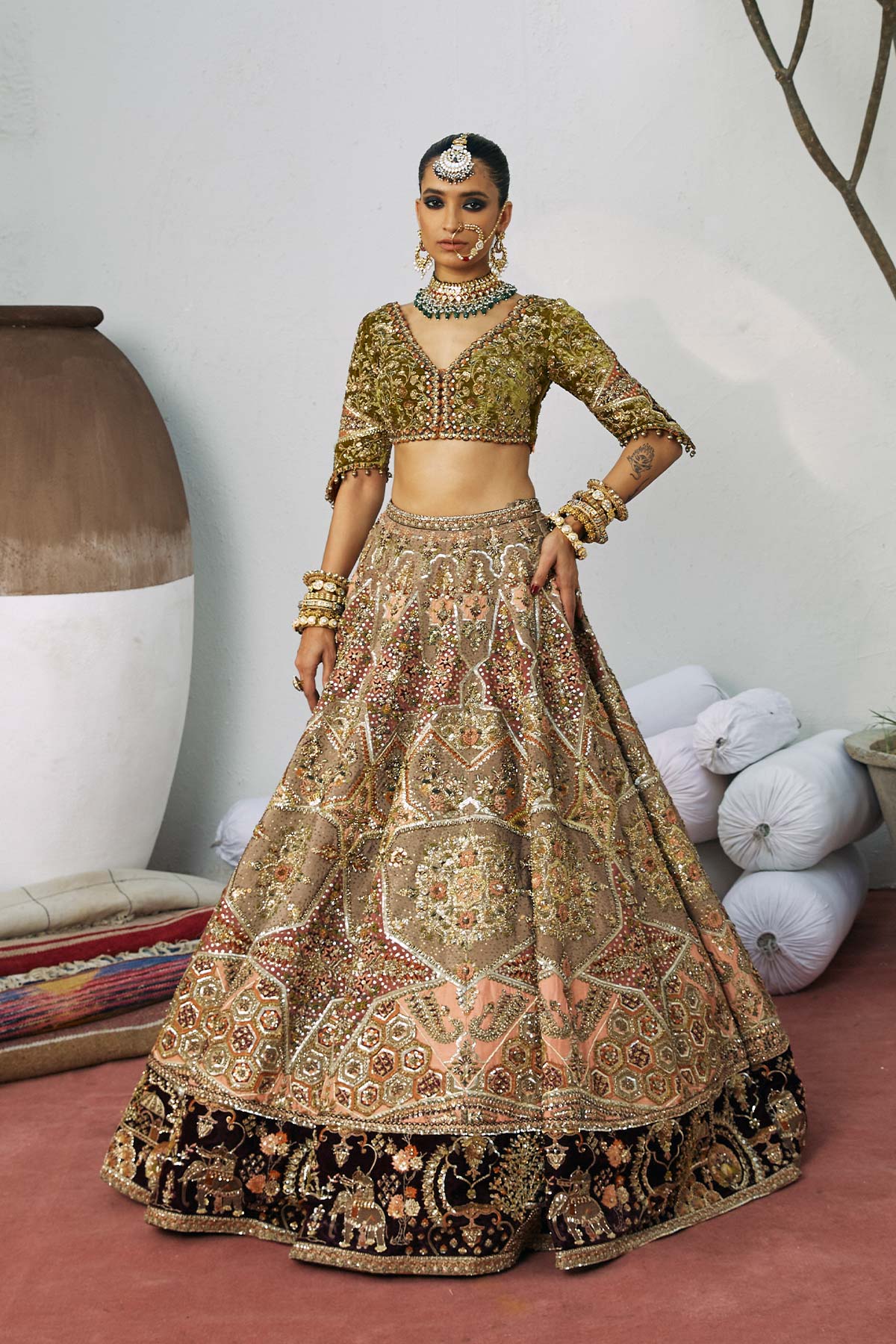 Pakistani Rosewood Zardozi Silk-Velvet Lehenga Choli (3-Piece) - Image 1