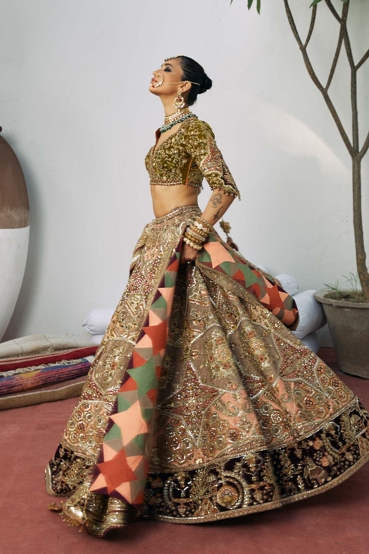 Pakistani Rosewood Zardozi Silk-Velvet Lehenga Choli (3-Piece) - Image 2