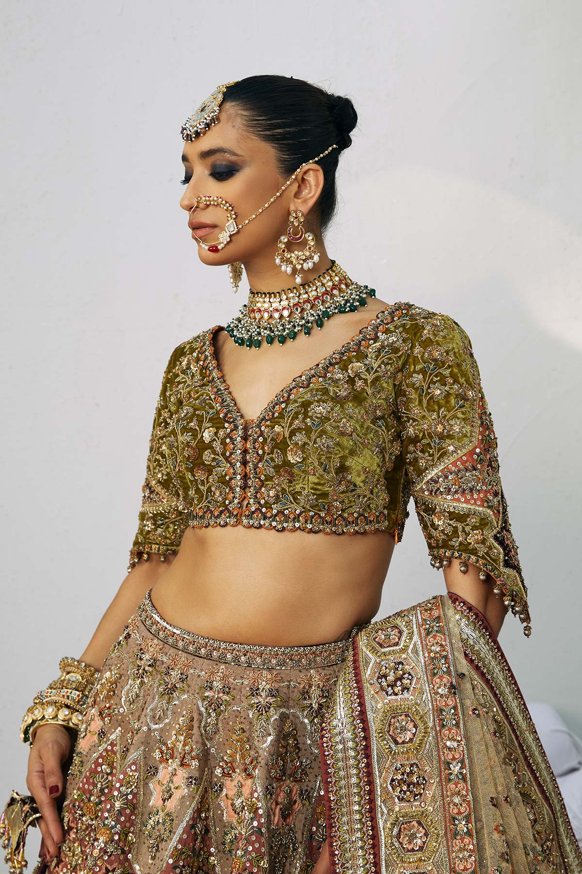 Pakistani Rosewood Zardozi Silk-Velvet Lehenga Choli (3-Piece) - Image 3