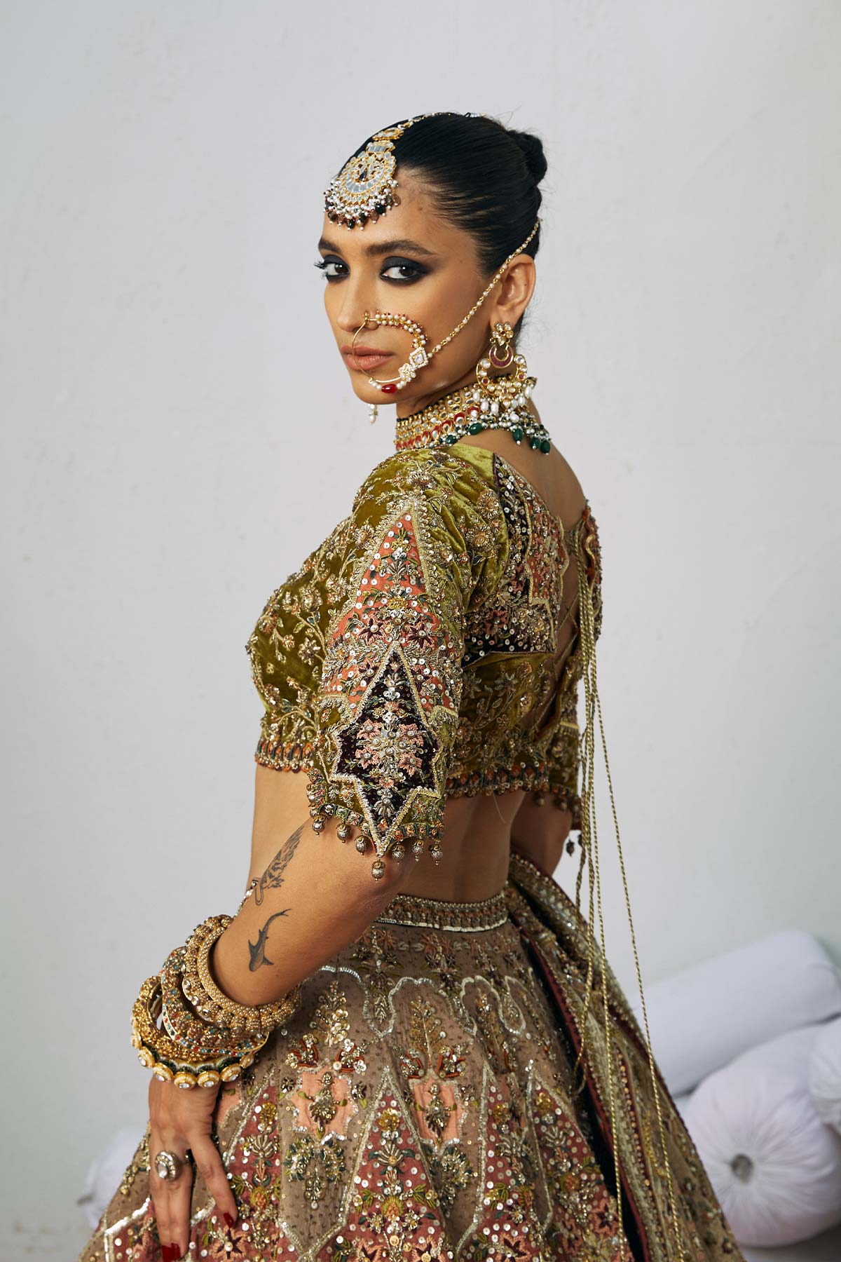 Pakistani Rosewood Zardozi Silk-Velvet Lehenga Choli (3-Piece) - Image 4