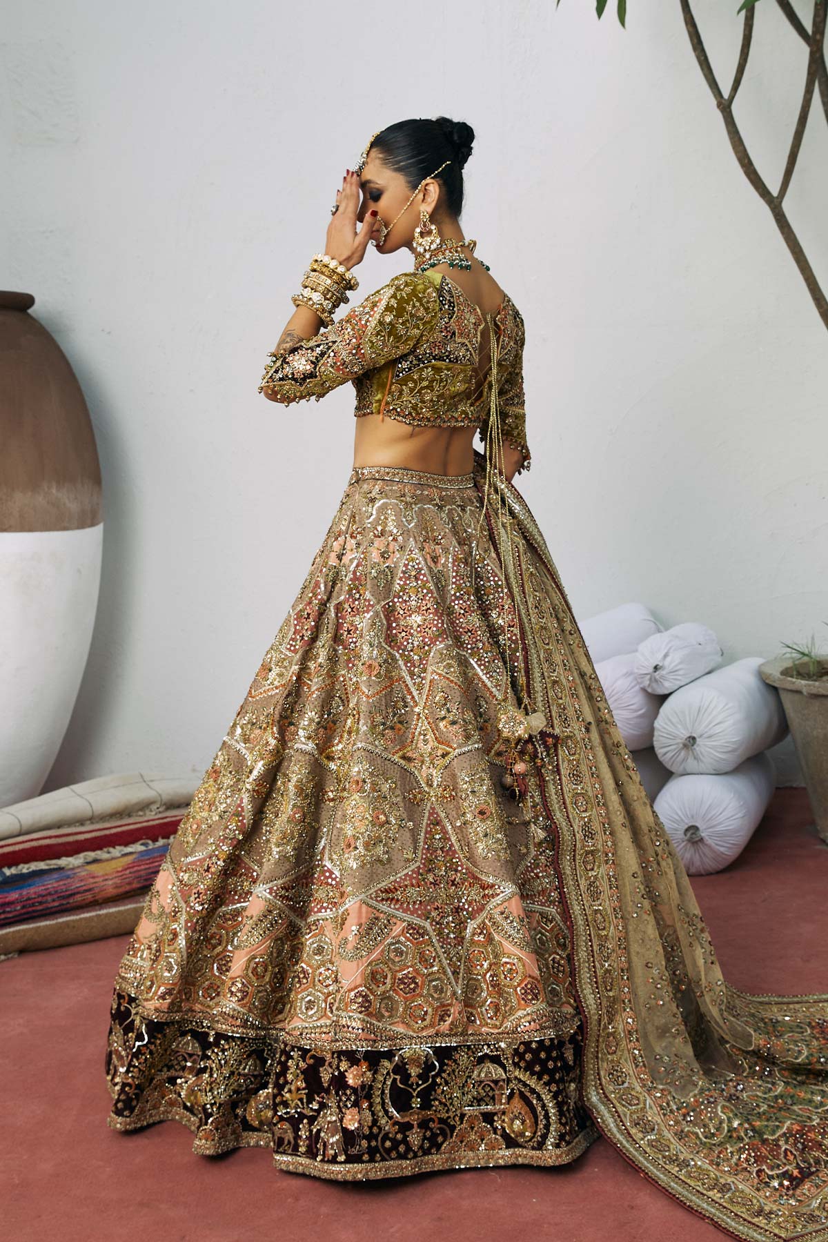 Pakistani Rosewood Zardozi Silk-Velvet Lehenga Choli (3-Piece) - Image 5
