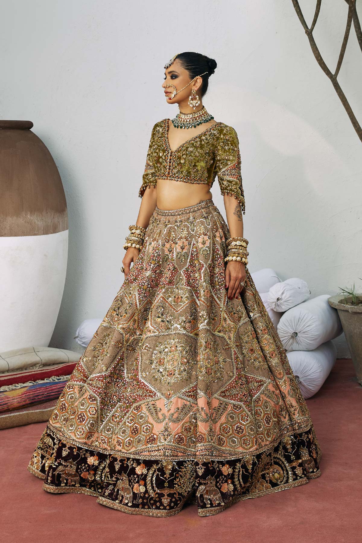 Pakistani Rosewood Zardozi Silk-Velvet Lehenga Choli (3-Piece) - Image 6