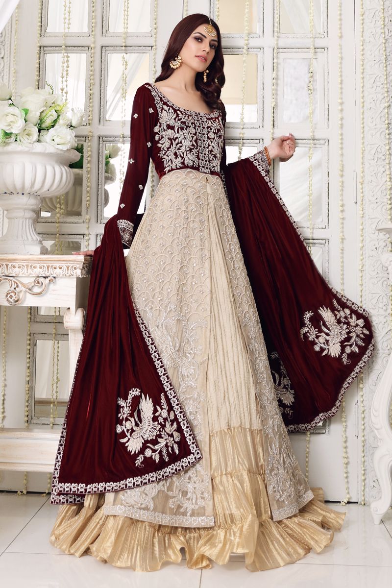 Maroon Zardozi Velvet & Ivory Zari Net Bridal Lehenga (3-Piece) - Image 1