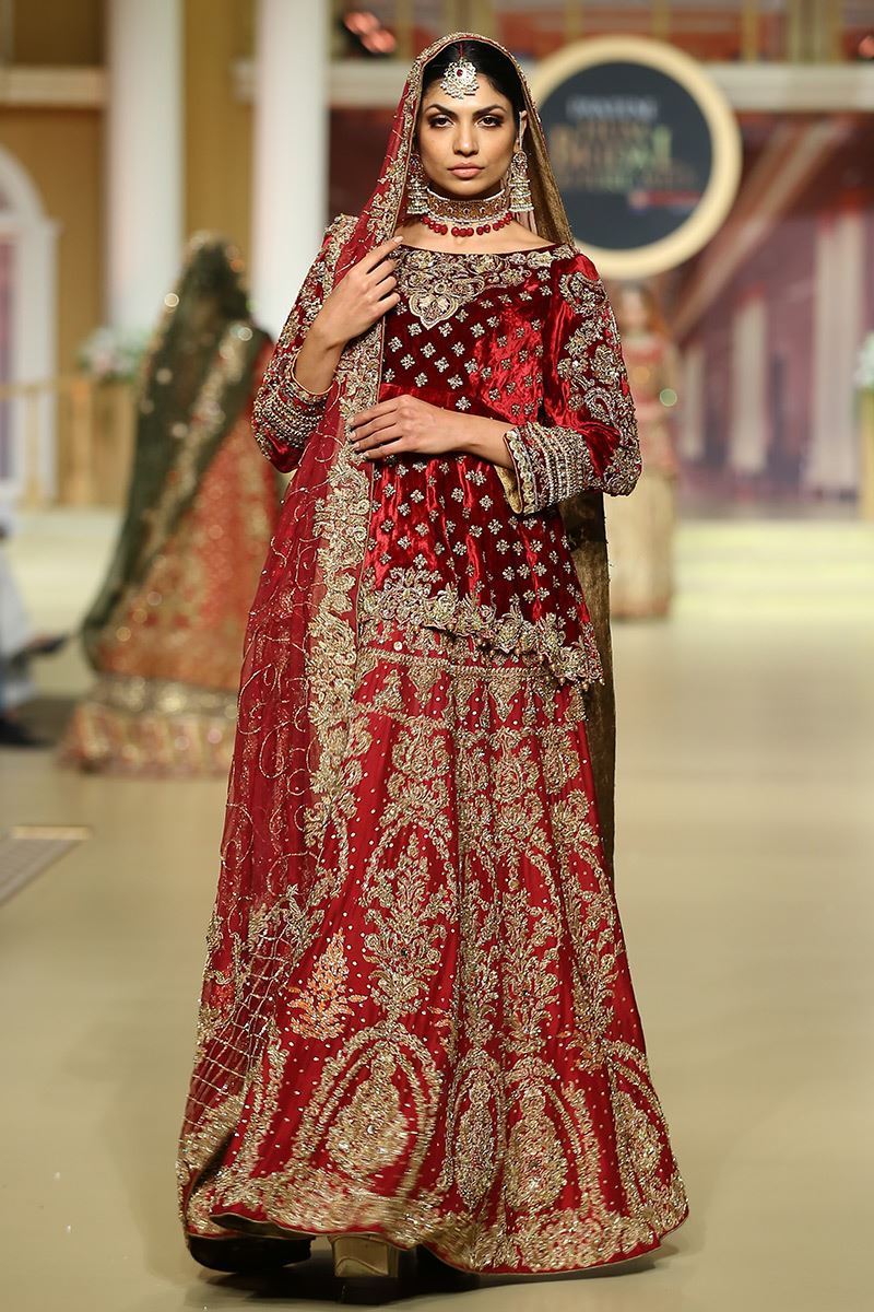 Pakistani Maroon Zardozi Velvet Peplum with Raw Silk Lehenga (3-Piece) - Image 1