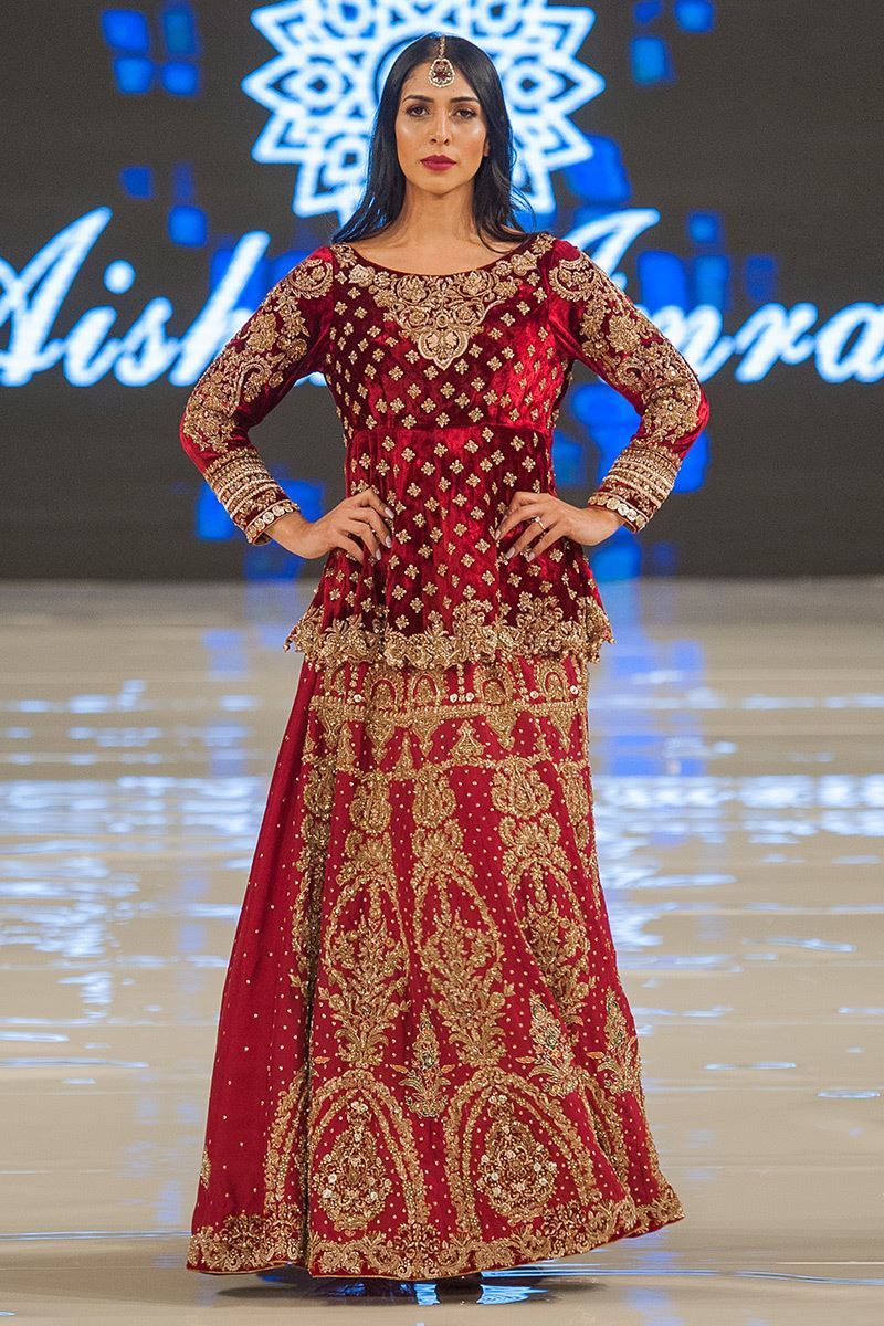 Pakistani Maroon Embroidered Velvet Peplum Lehenga (3-Piece) - Image 1