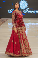 Pakistani Maroon Embroidered Velvet Peplum Lehenga (3-Piece) - Image 3