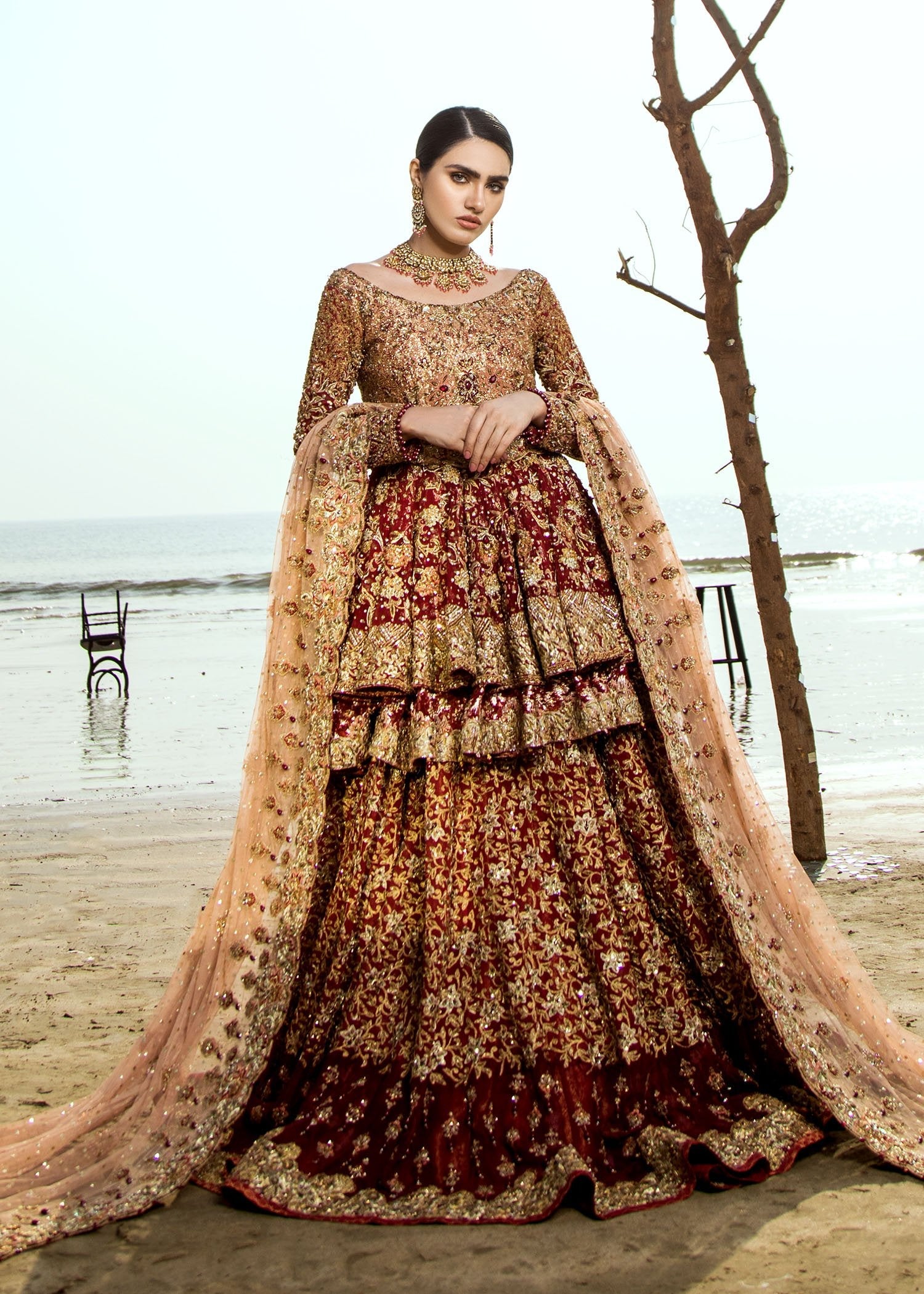 Deep Maroon Zardozi Velvet Bridal Lehenga (3-Piece) - Image 1